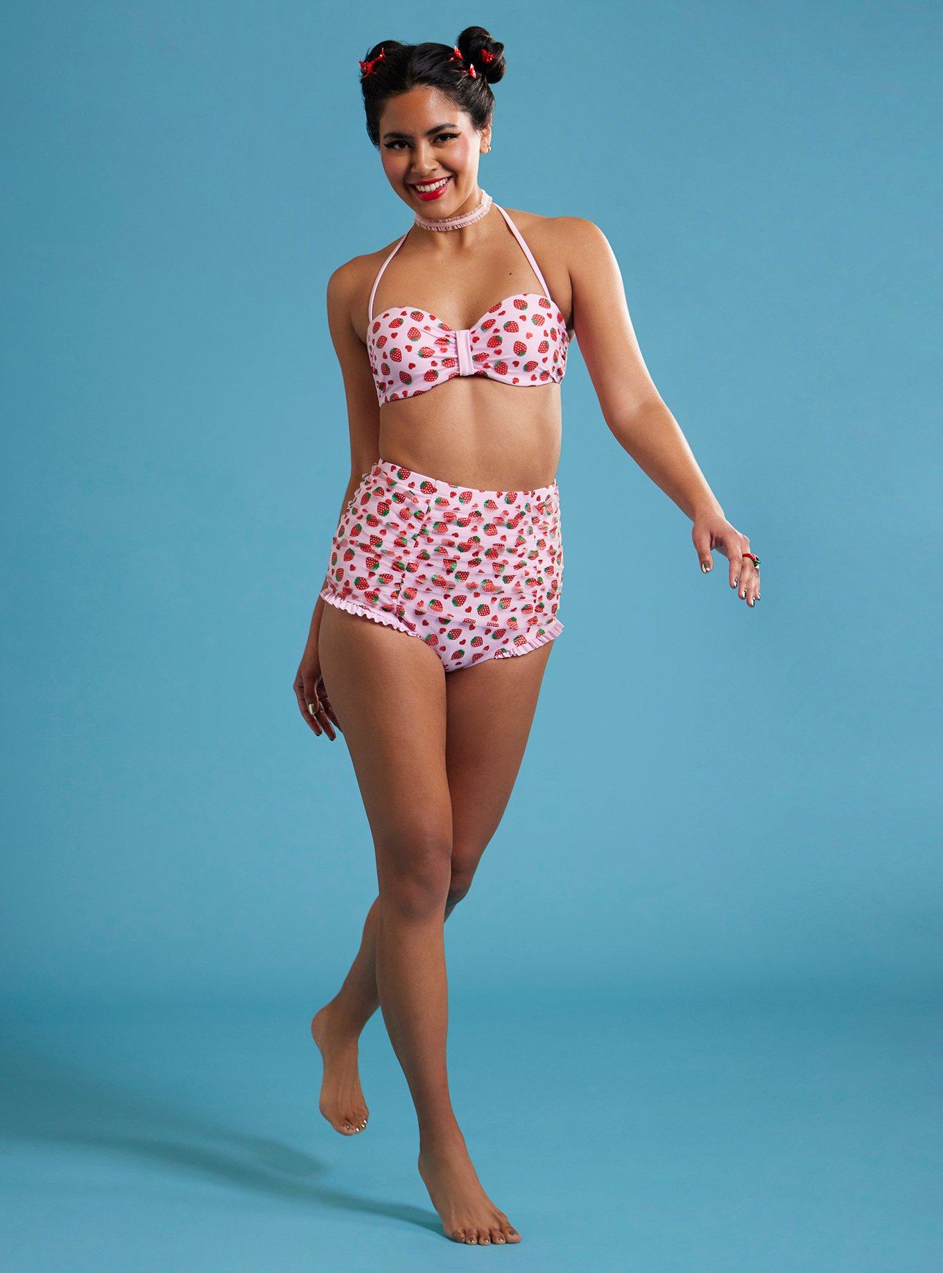 Strawberry Heart Mesh High-Waisted Swim Bottoms