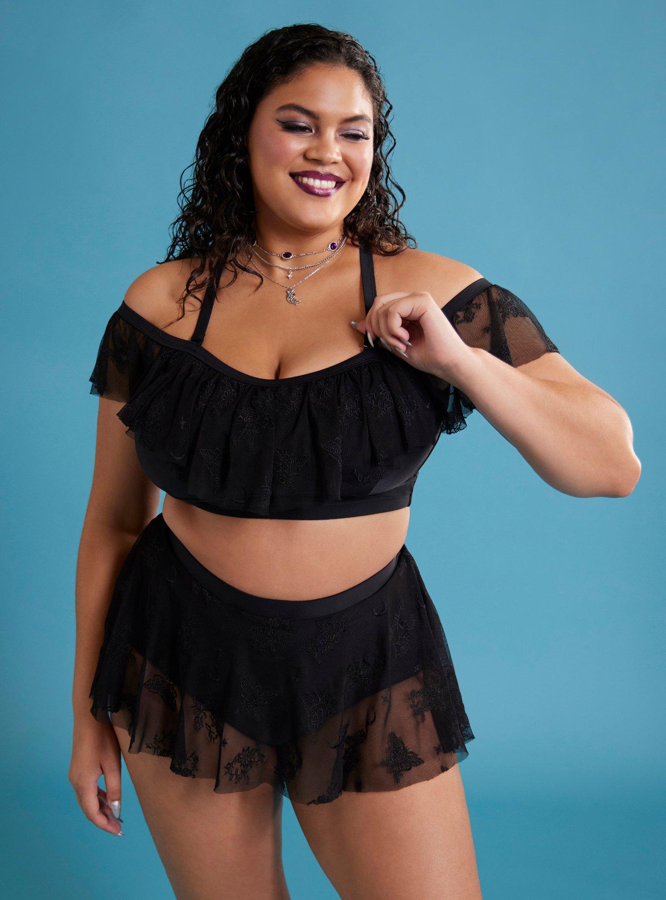 Death Moth Lace Cold Shoulder Swim Top Plus Size, MULTI, hi-res