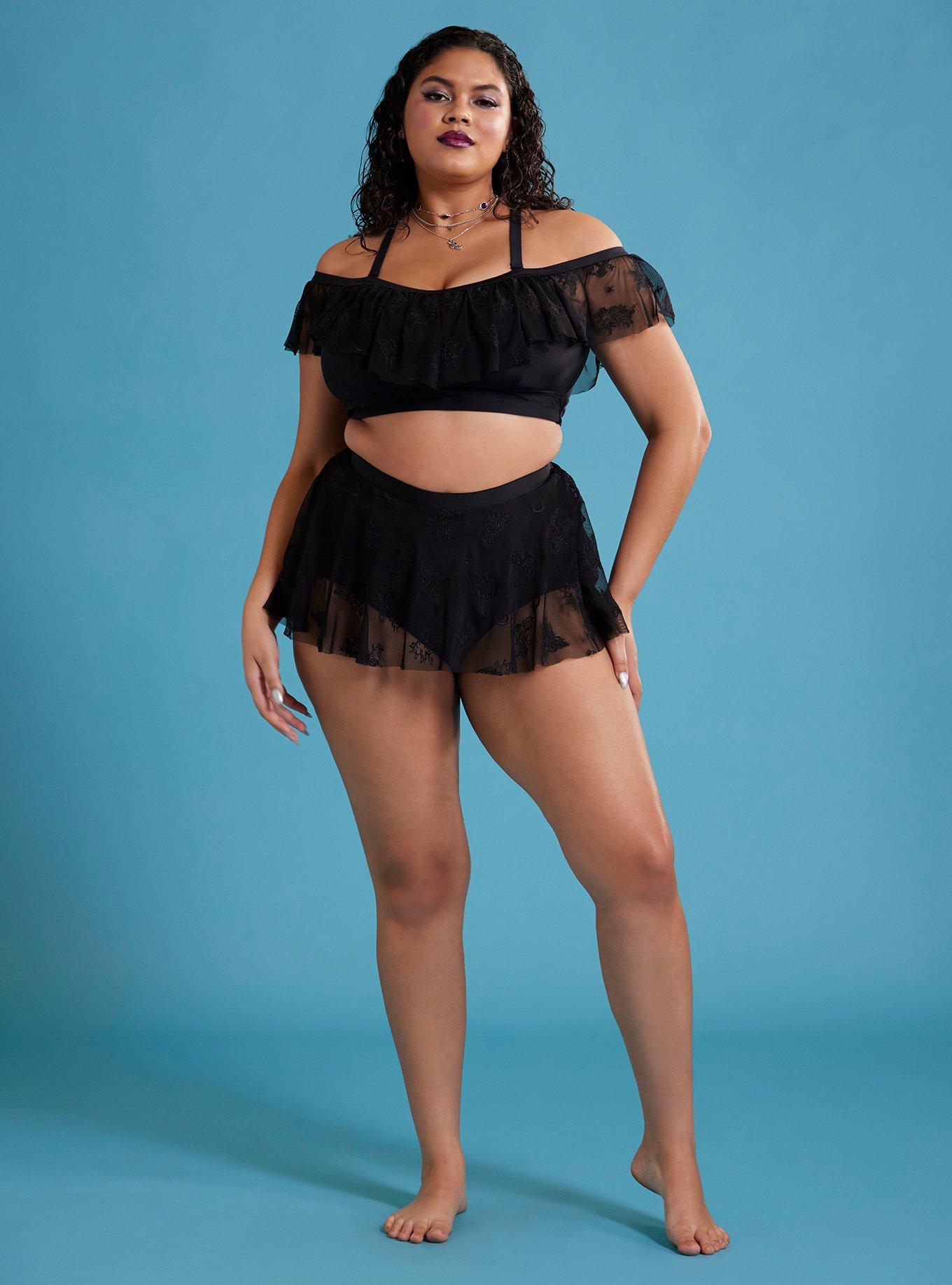 Death Moth Mesh Skirted Swim Bottoms Plus Size, MULTI, hi-res