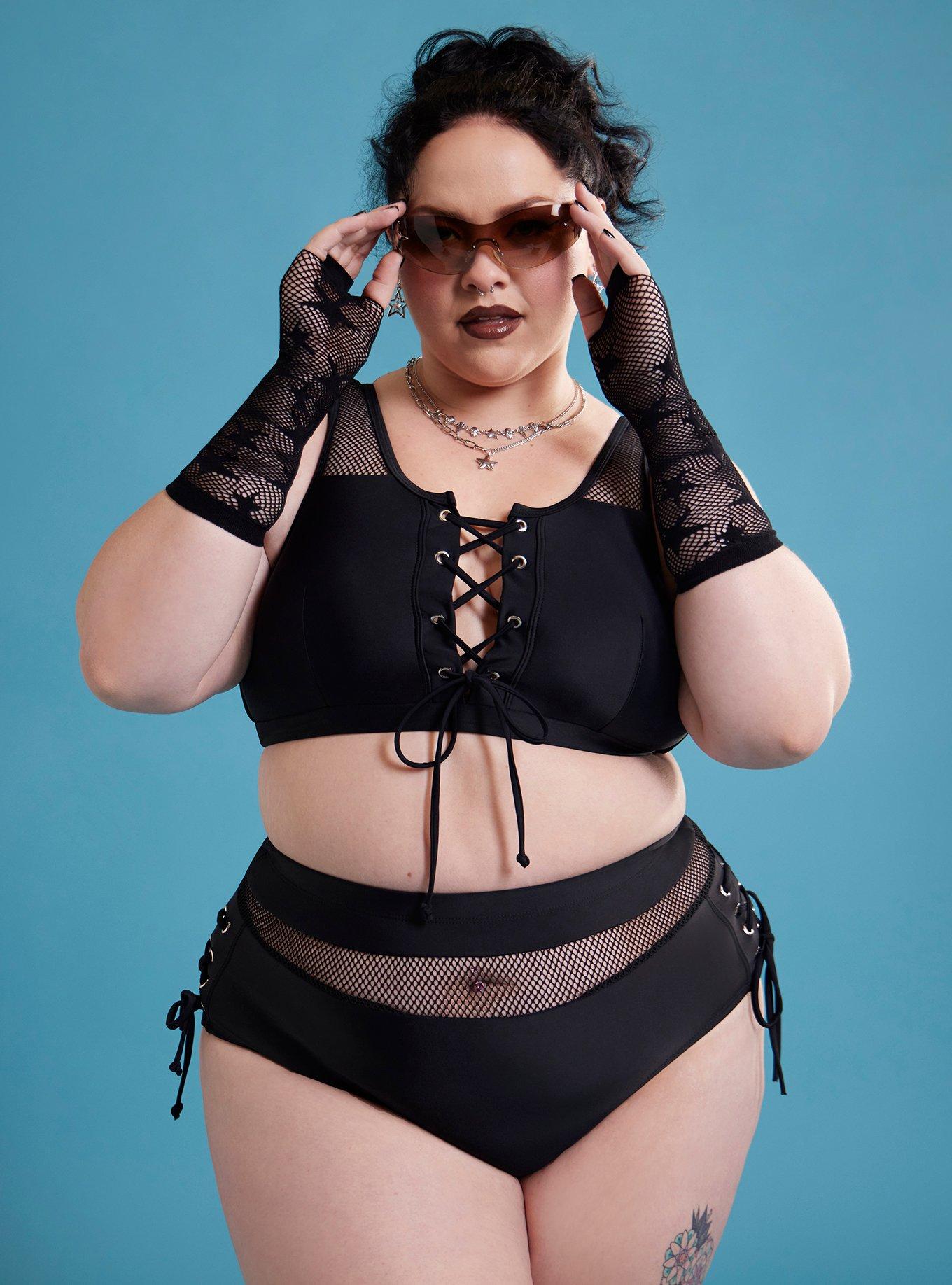 Black Mesh Lace-Up Swim Top Plus Size, MULTI, hi-res