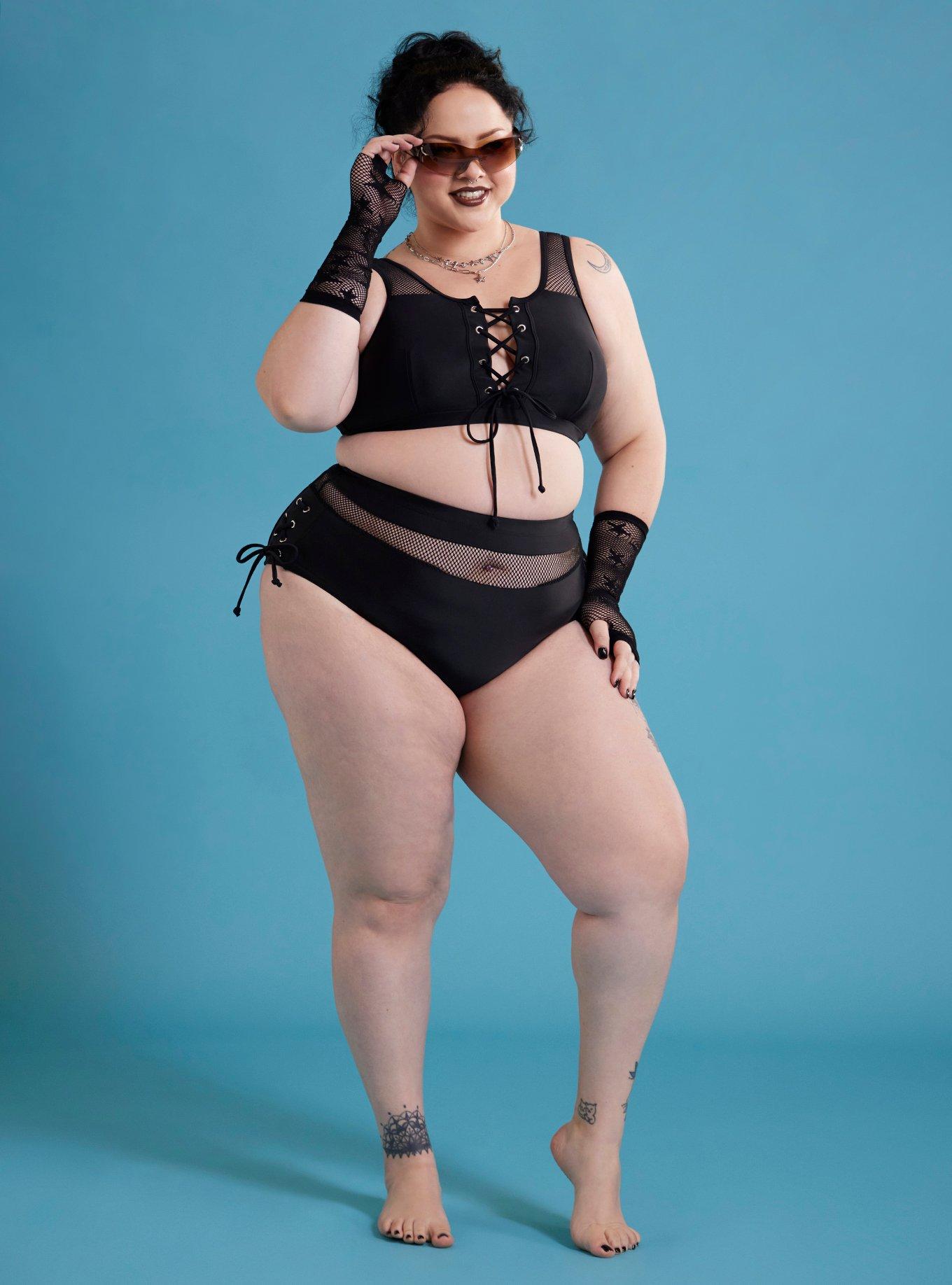 Black Mesh Lace-Up Swim Bottoms Plus Size, MULTI, hi-res