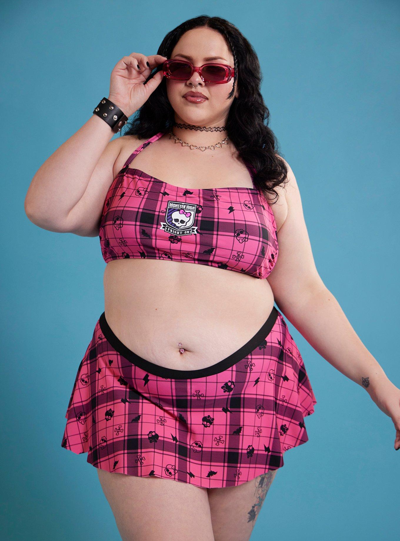 Monster High Pink Plaid Icons Halter Swim Top Plus Size, MULTI, hi-res