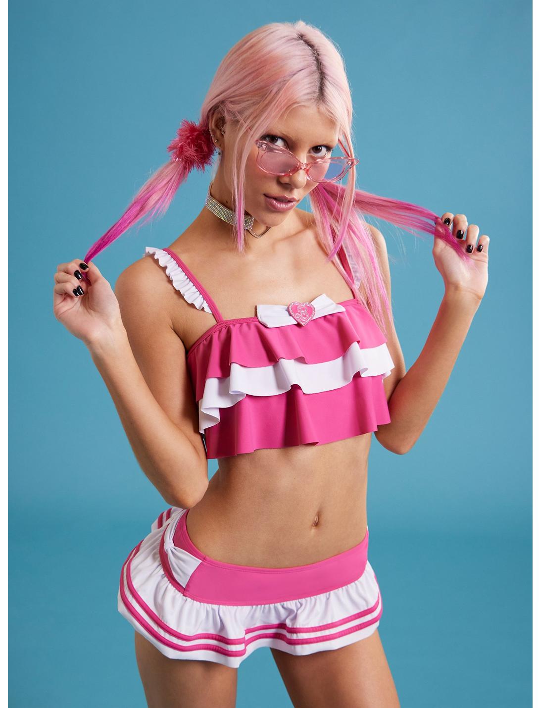 Barbie Pink & White Ruffle Swim Top, MULTI, hi-res