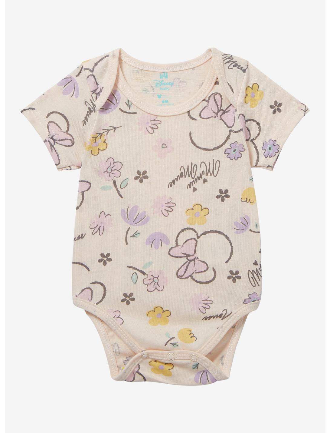 Disney Minnie Mouse Silhouette Floral Infant One-Piece — BoxLunch Exclusive, PEACH, hi-res