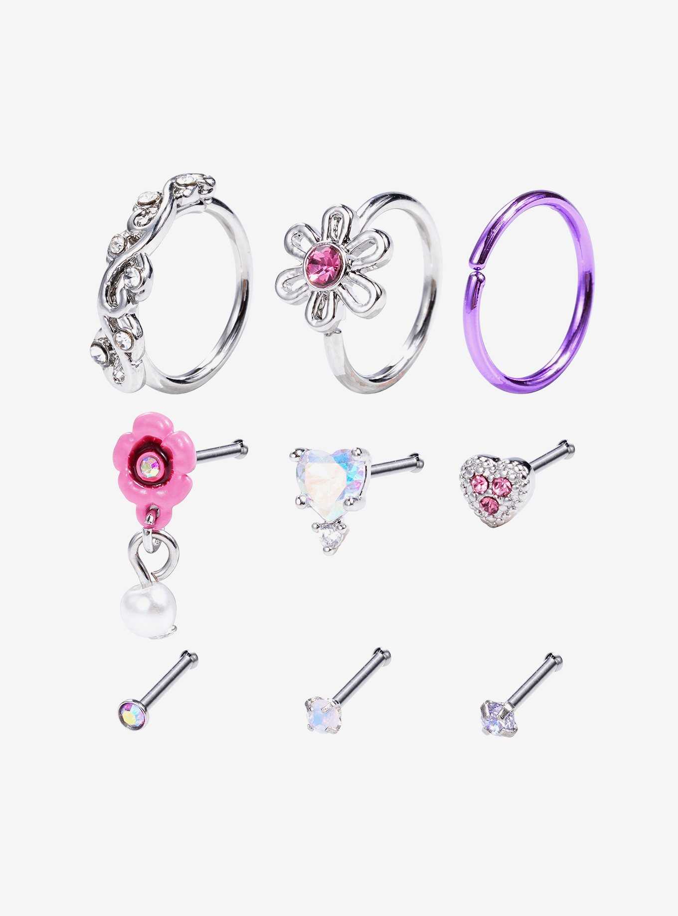 Steel Rose Heart Gem Nose Stud & Hoop 9 Pack, , hi-res