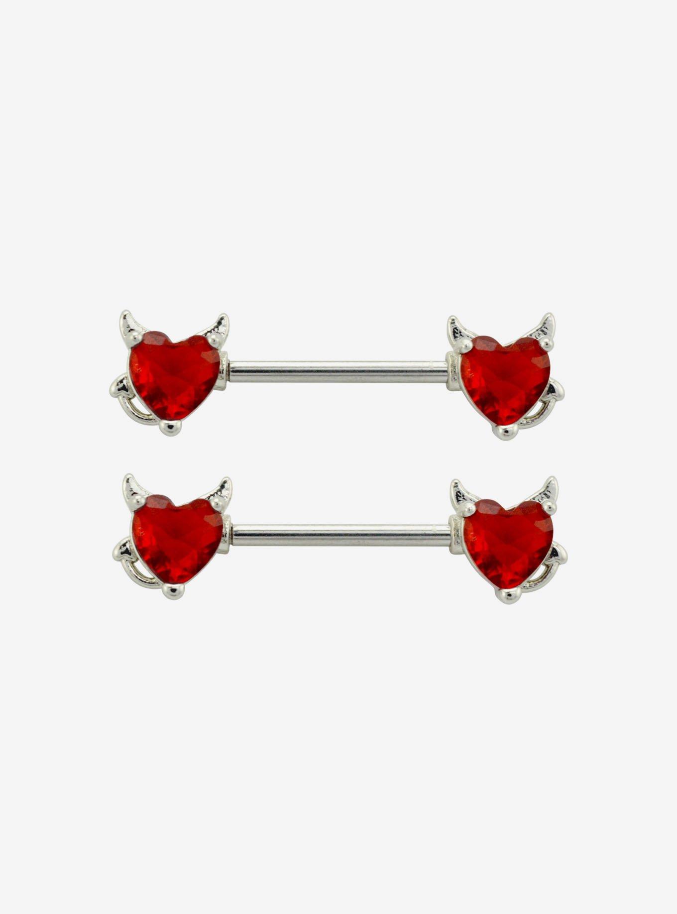 14G Steel Red Devil Heart Nipple Barbell 2 Pack, , hi-res