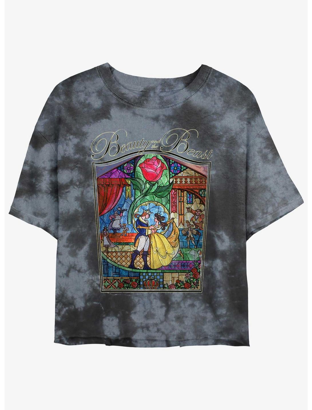 Disney Beauty And The Beast Story Stained Glass Womens Tie-Dye Crop T-Shirt, BLKCHAR, hi-res