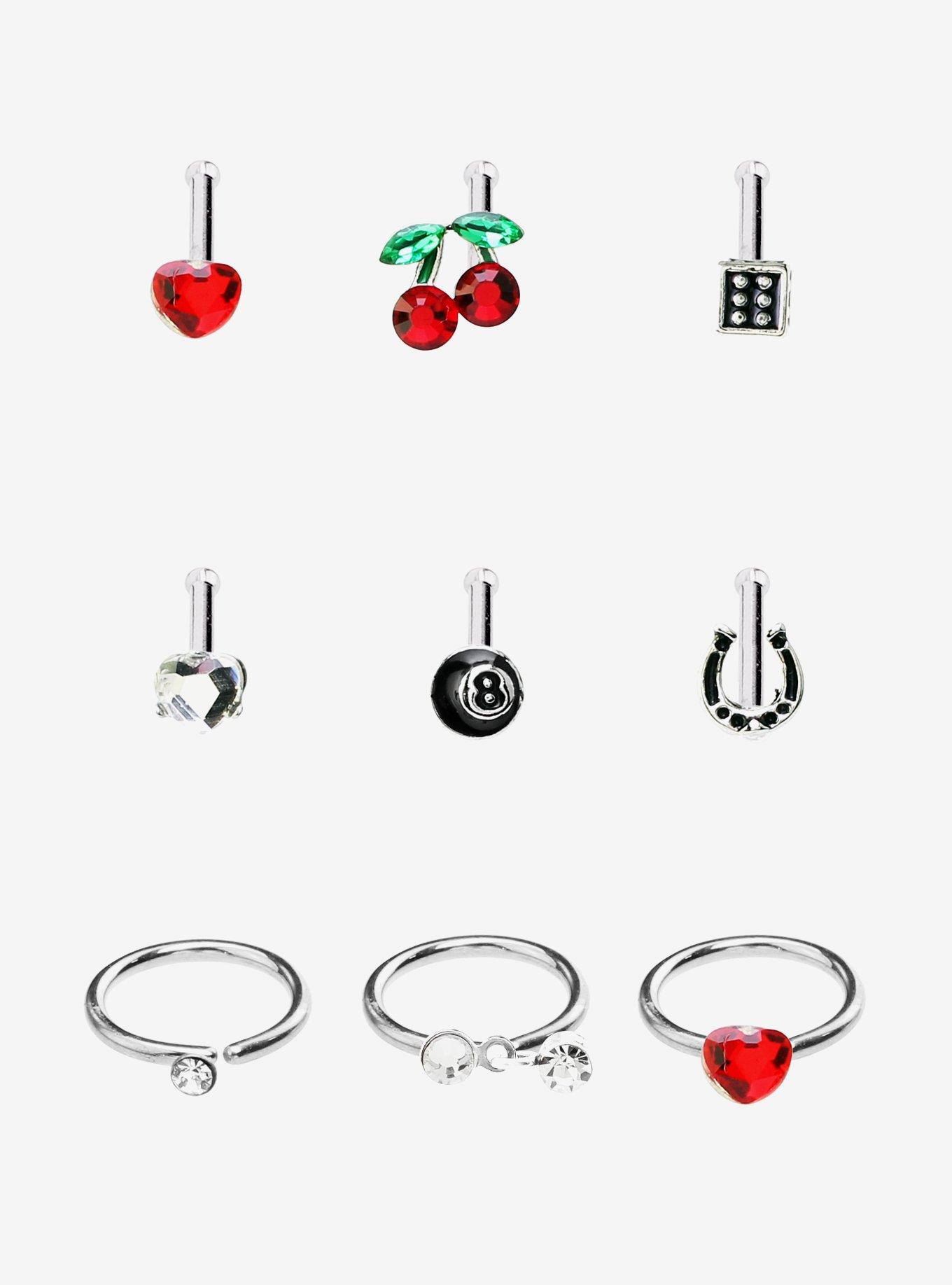 Steel Cherry Dice Heart Nose Stud & Hoop 9 Pack, MULTI, hi-res