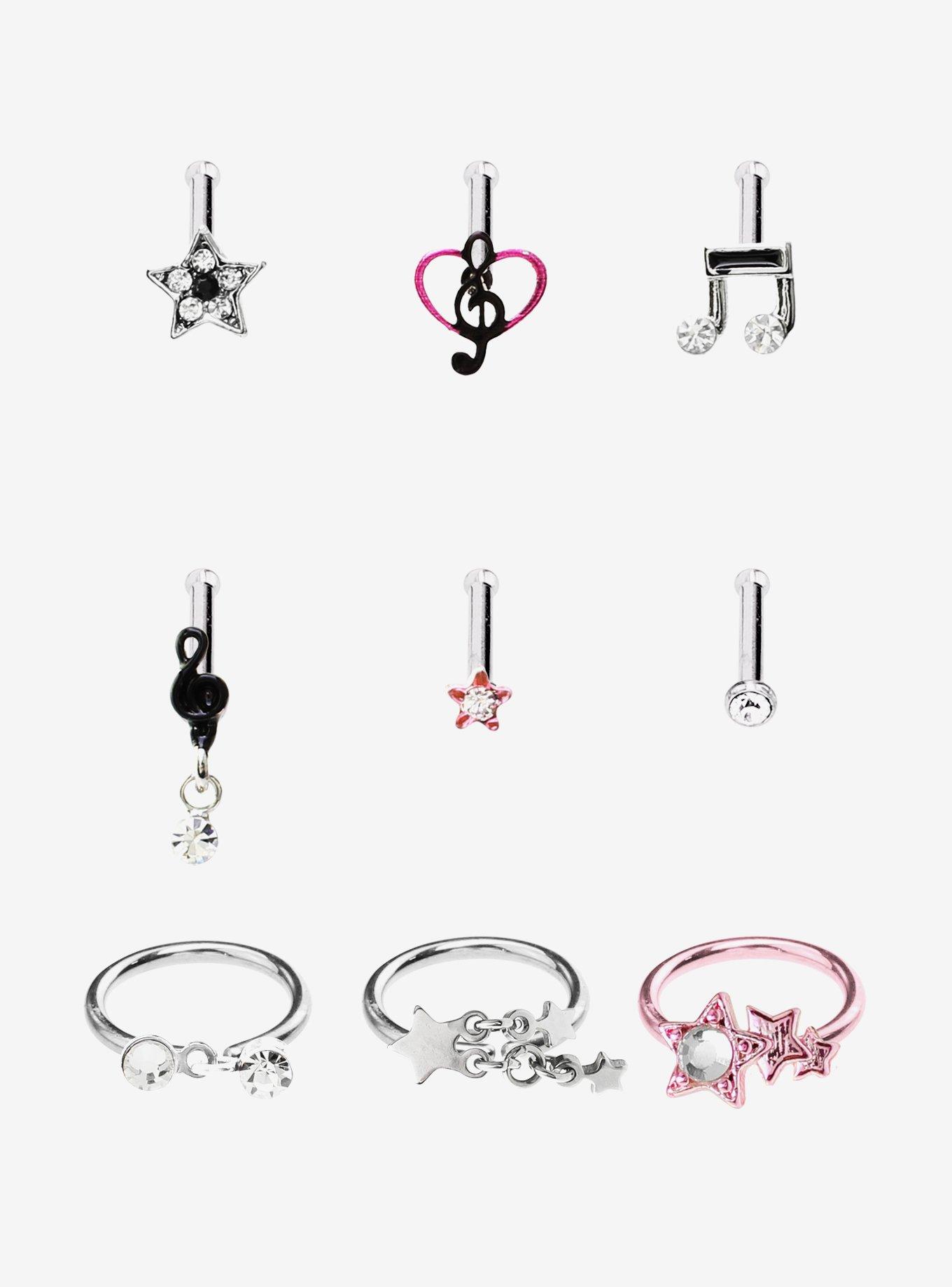 Steel Silver Music Note Nose Stud & Hoop 9 Pack, MULTI, hi-res