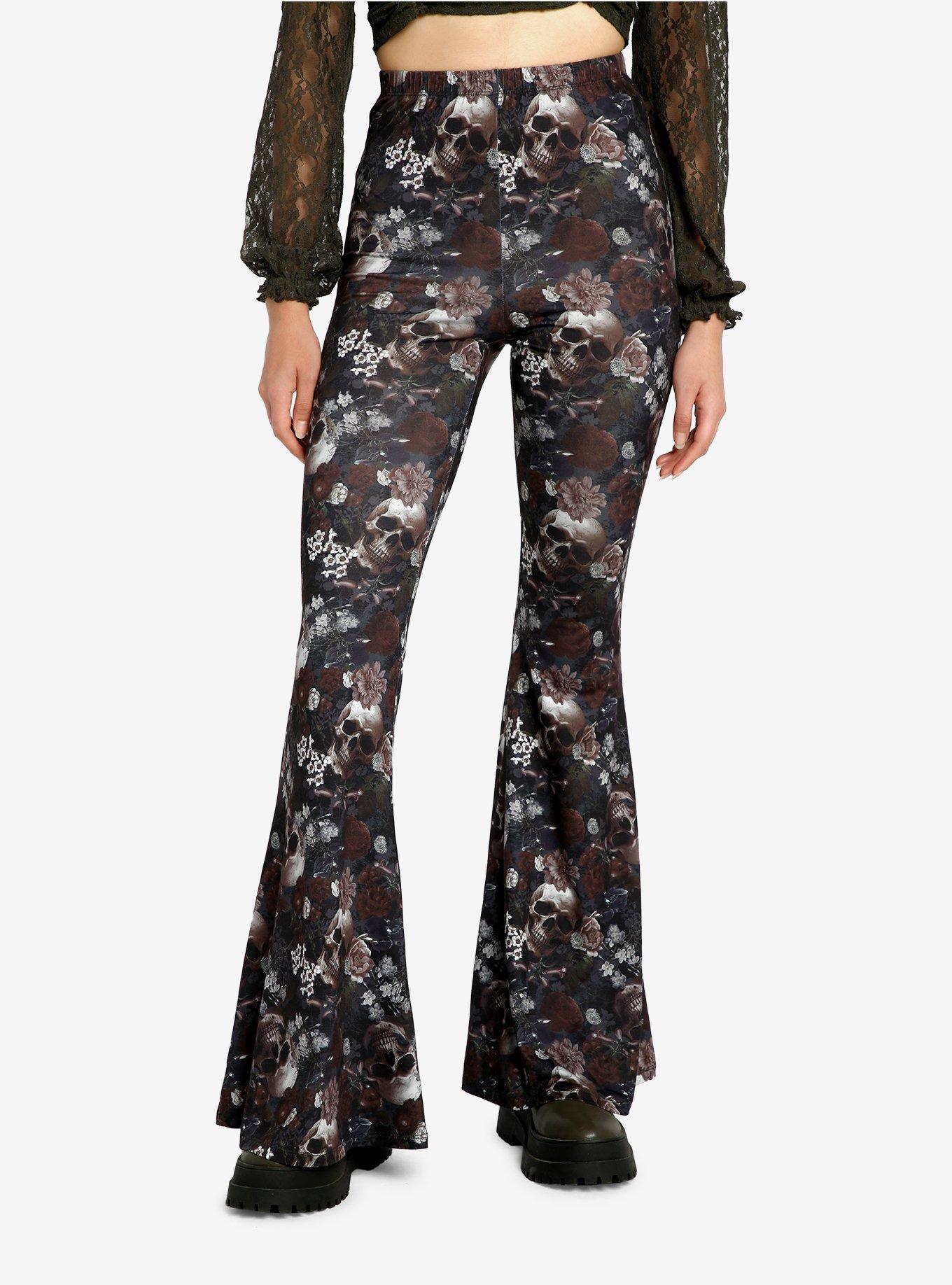 Skulls & Flowers Girls Bell Bottom Pants, MAUVE, hi-res