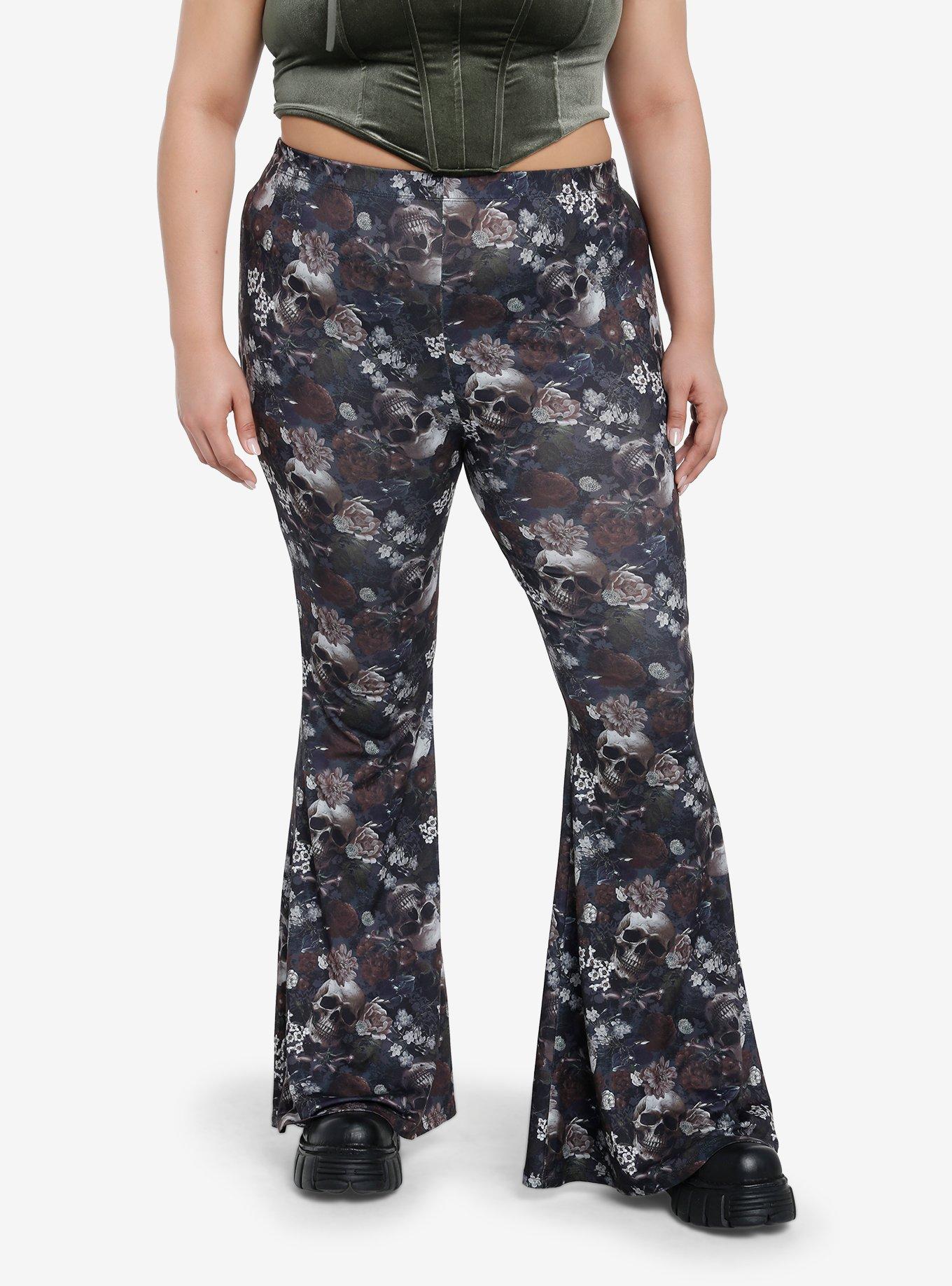 Skulls & Flowers Bell Bottom Pants Plus Size, , hi-res