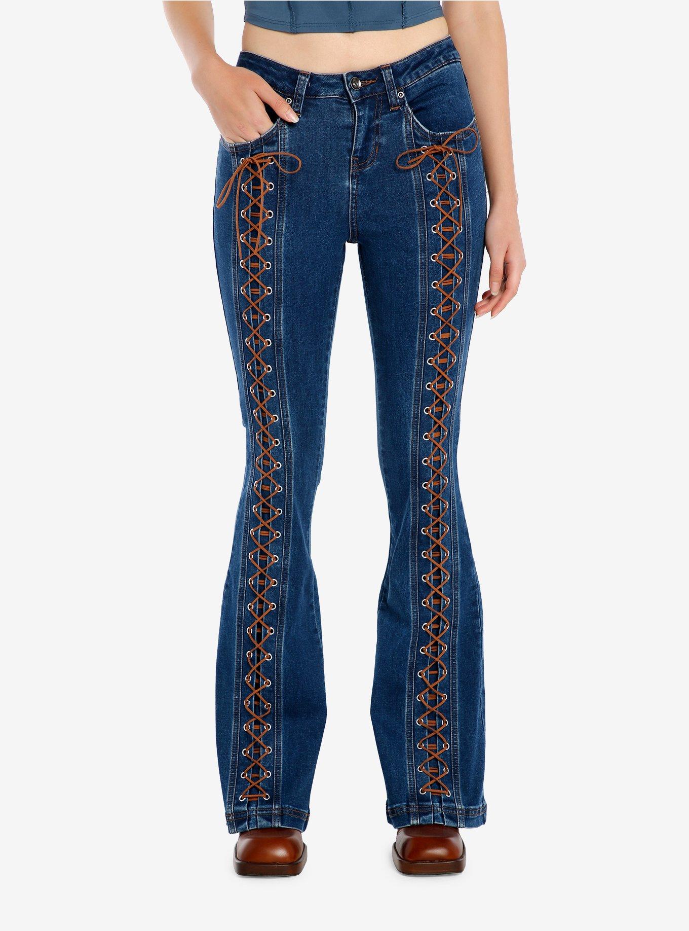 Dark Indigo Brown Lace-Up Girls Flare Jeans, , hi-res