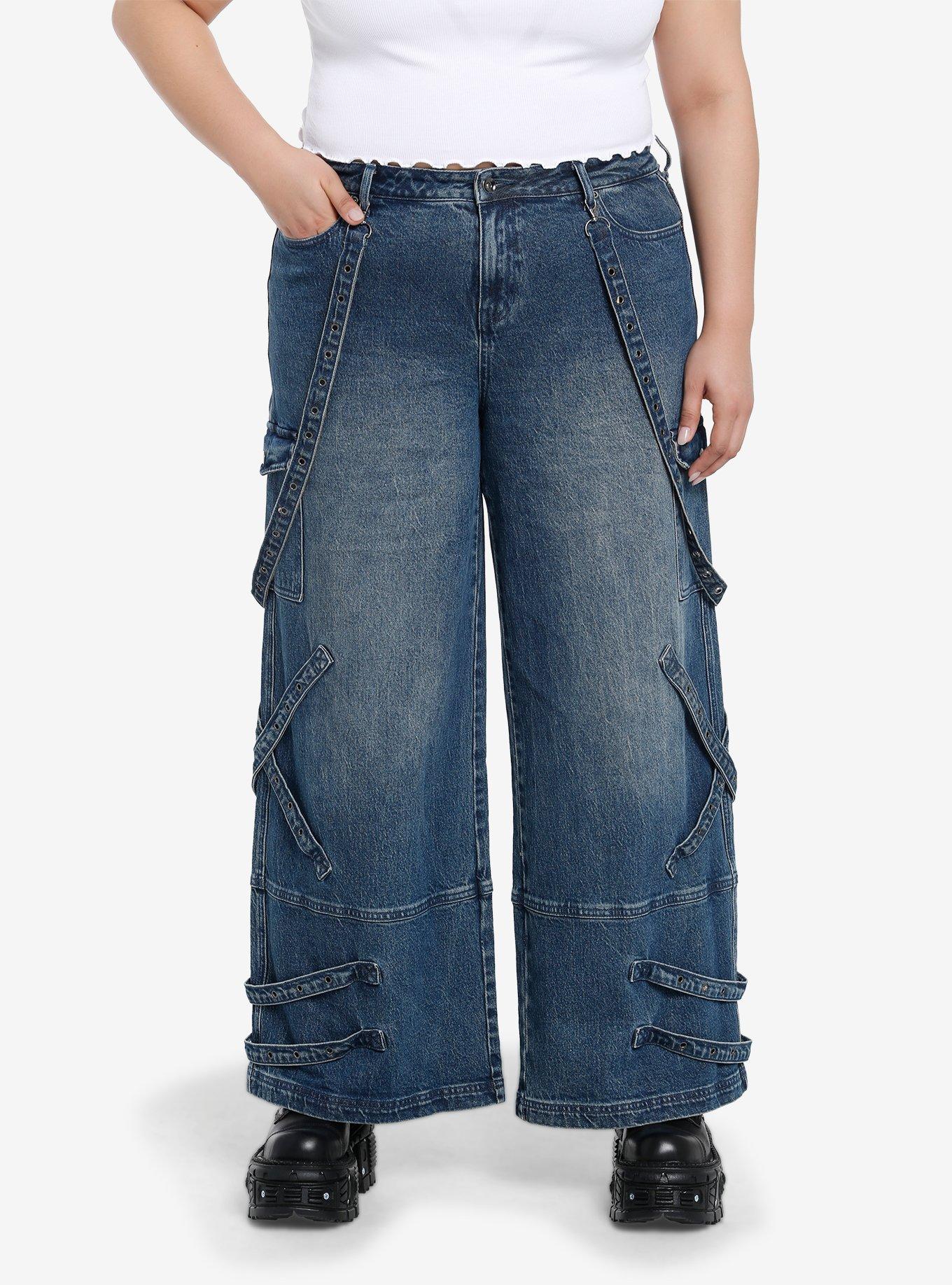 Indigo Wash Grommets & Straps Harness Girls Wide-Leg Jeans Plus Size, INDIGO, hi-res