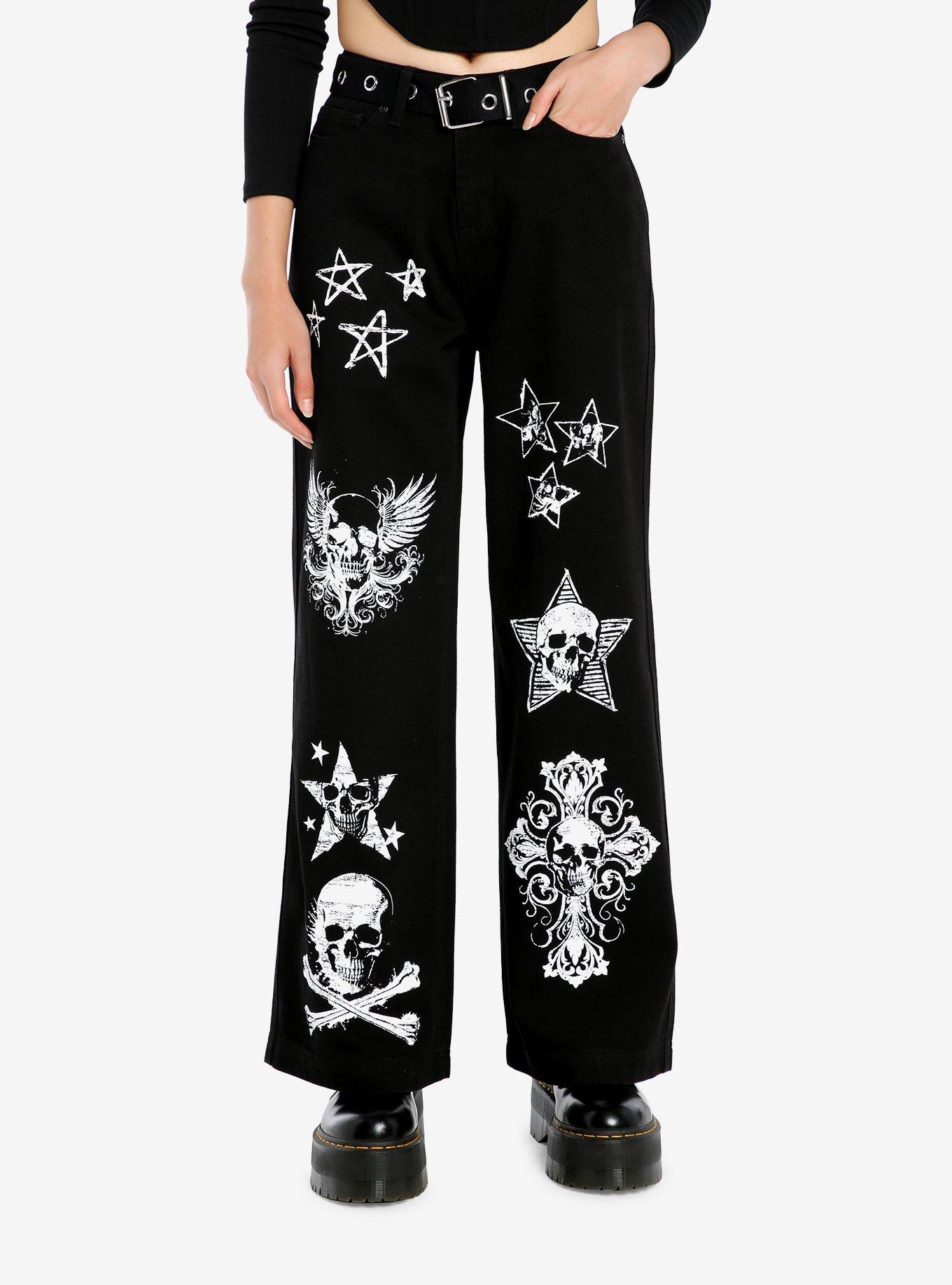 Black Skull Icons Belted Wide-Leg Jeans, , hi-res