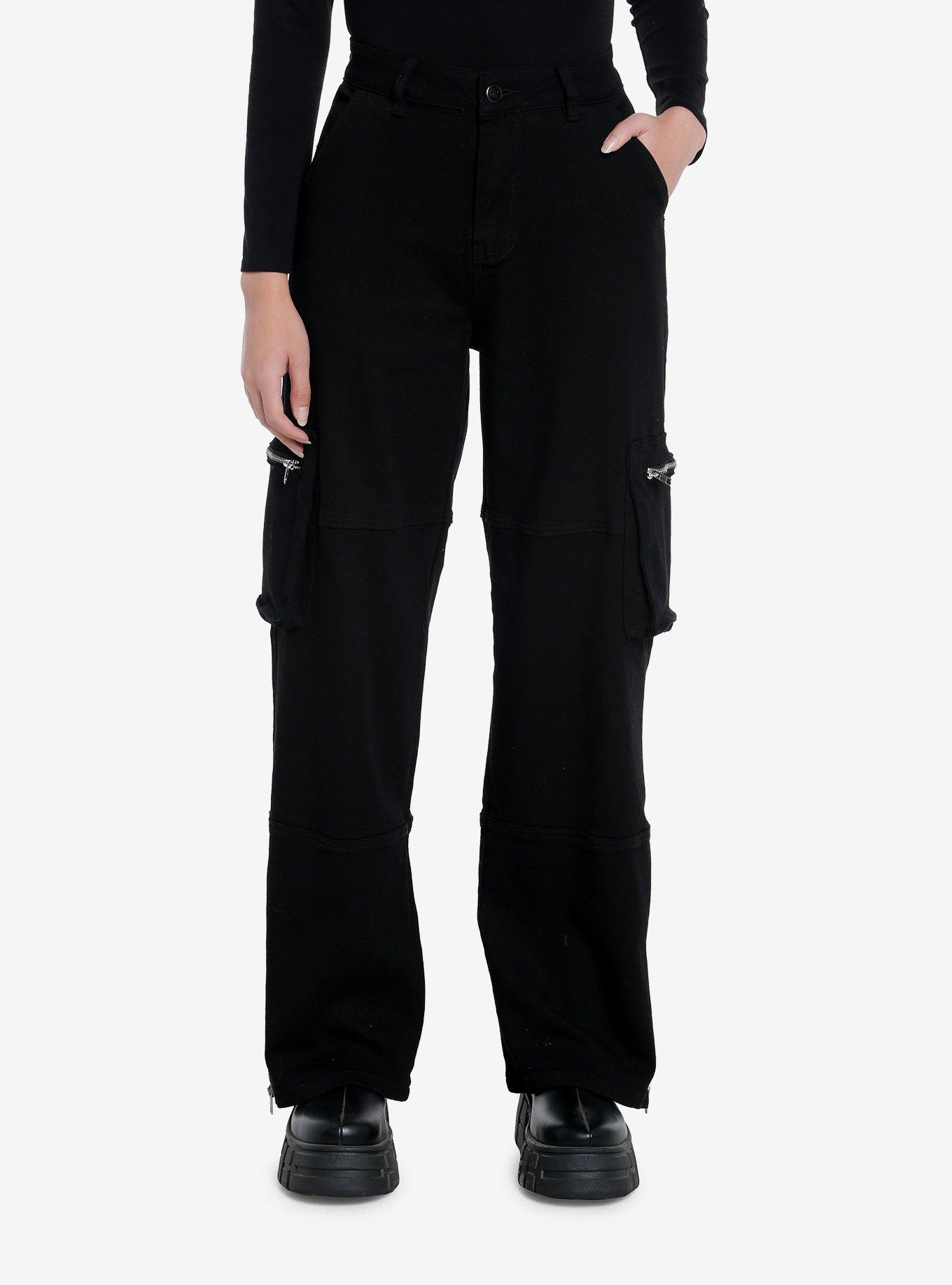 Black Zipper Wide Leg Cargo Pants, , hi-res