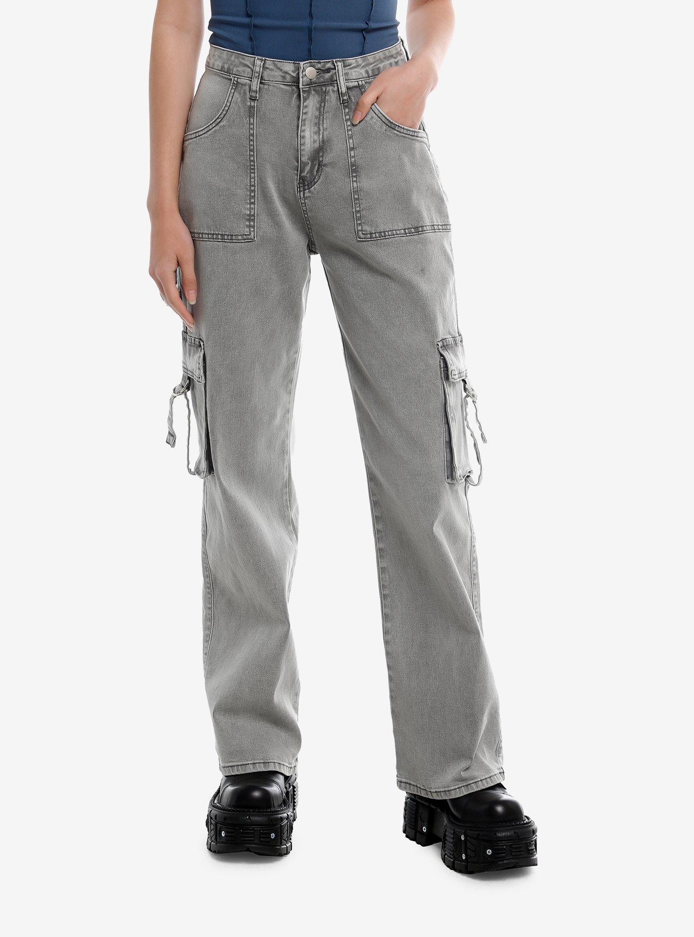 Grey Washed Cargo Wide Leg Girls Jeans