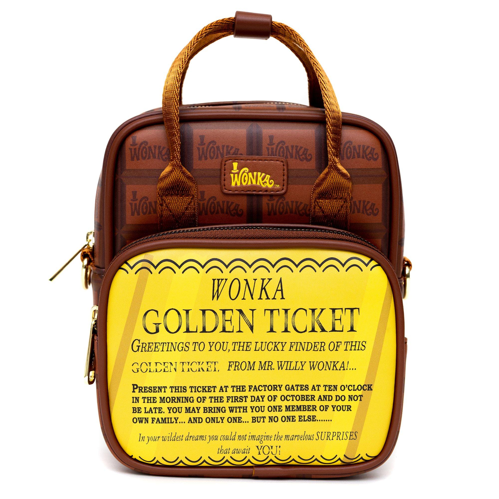 Willy Wonka Golden Ticket Text And Wonka Bar Print Browns Crossbody Bag, , hi-res