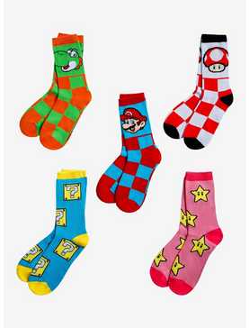 Super Mario Checkered Icon Crew Socks 5 Pair, , hi-res