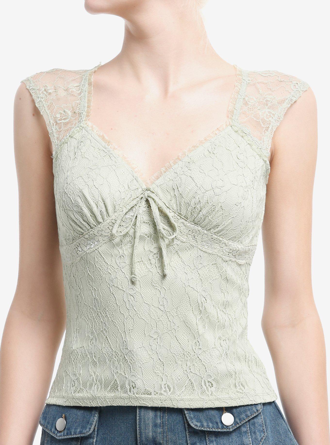 Thorn & Fable Light Green Lace Sweetheart Top, GREEN, hi-res
