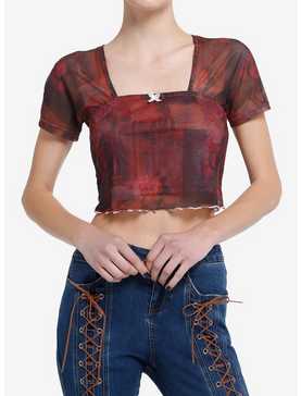 Social Collision Red & Black Rose Butterfly Mesh Girls Crop Top, , hi-res