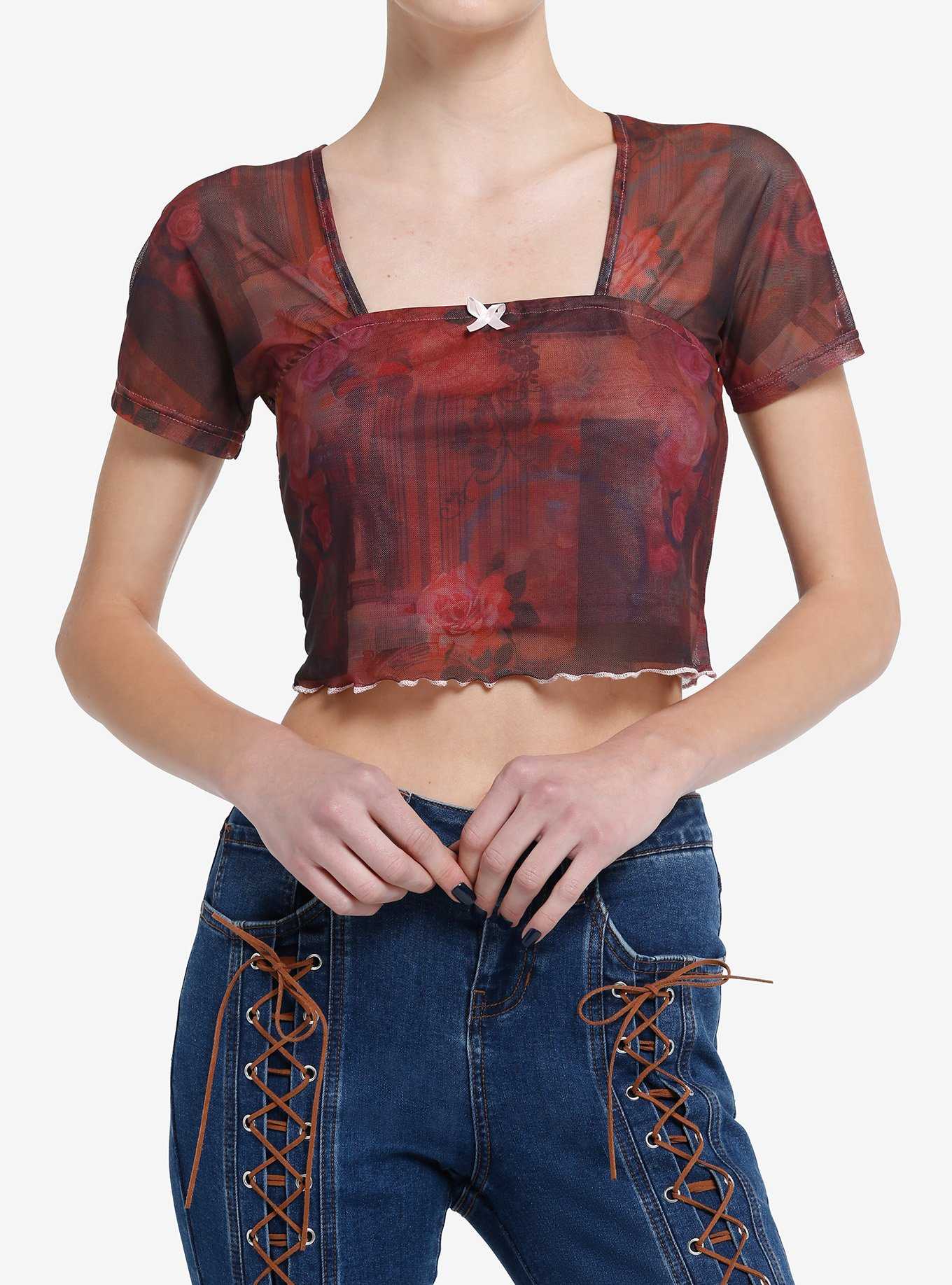 Social Collision Red & Black Rose Butterfly Mesh Girls Crop Top, , hi-res