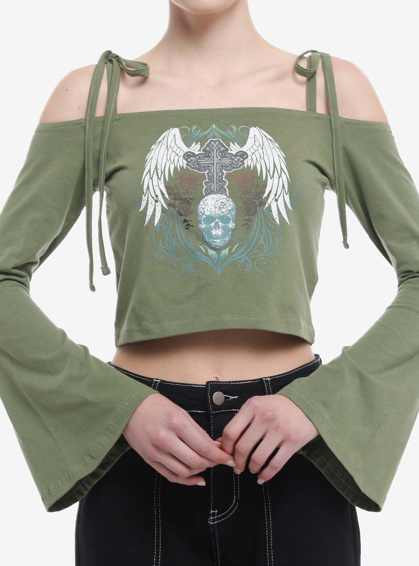 Winged Skull Bell Sleeve Girls Cold Shoulder Top