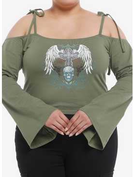 Winged Skull Bell Sleeve Girls Cold Shoulder Top Plus Size, , hi-res