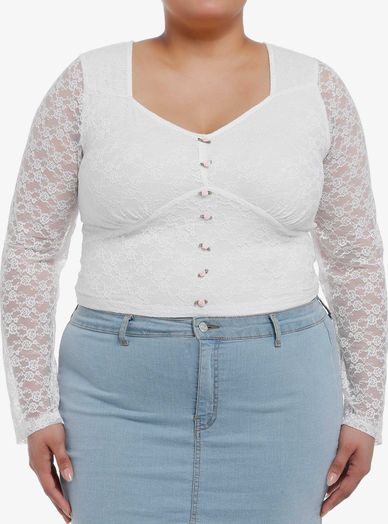 Daisy Street White Lace Rosette Girls Long-Sleeve Top Plus Size, , hi-res
