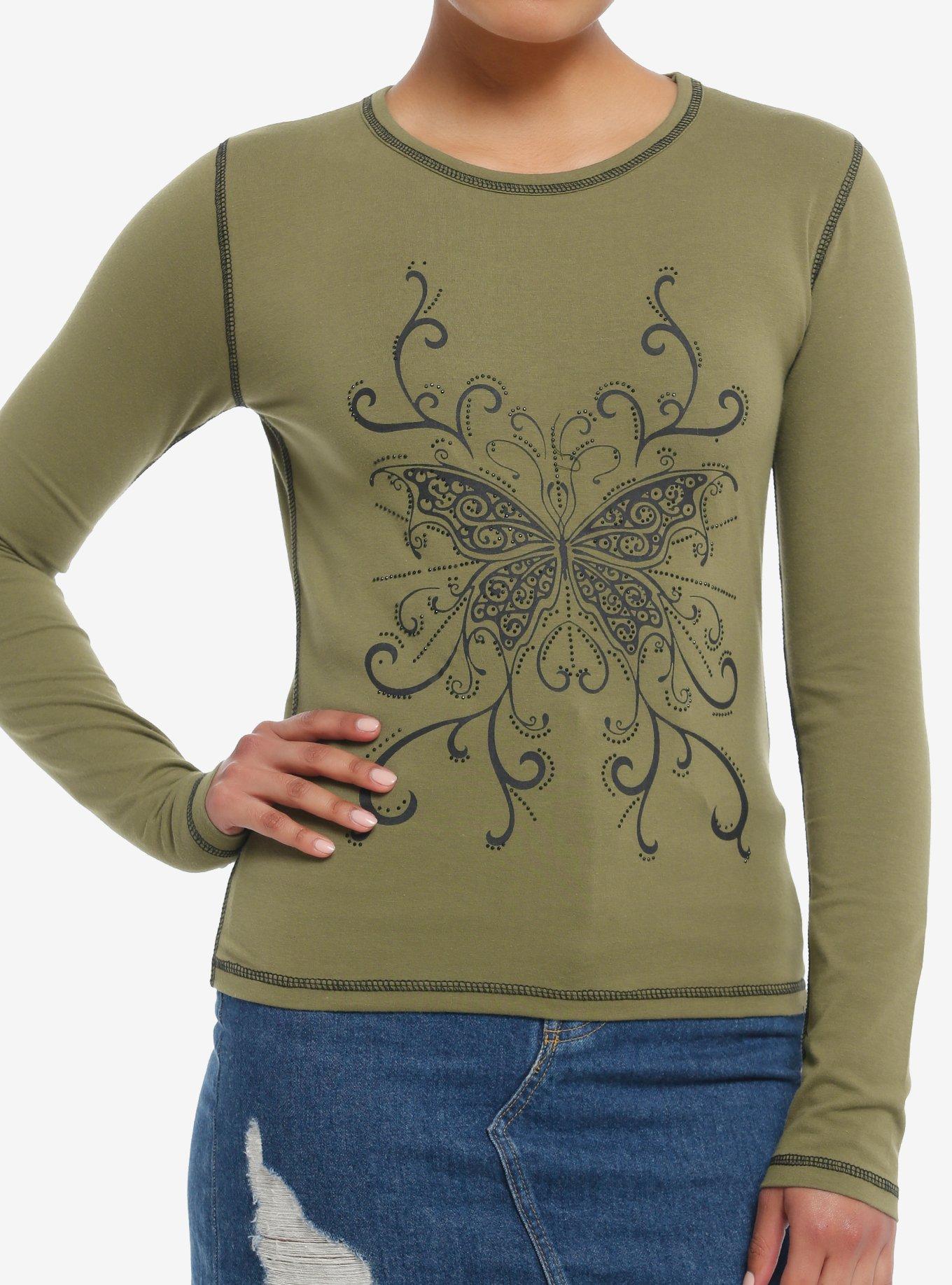 Daisy Street Butterfly Filigree Rhinestone Girls Long-Sleeve T-Shirt