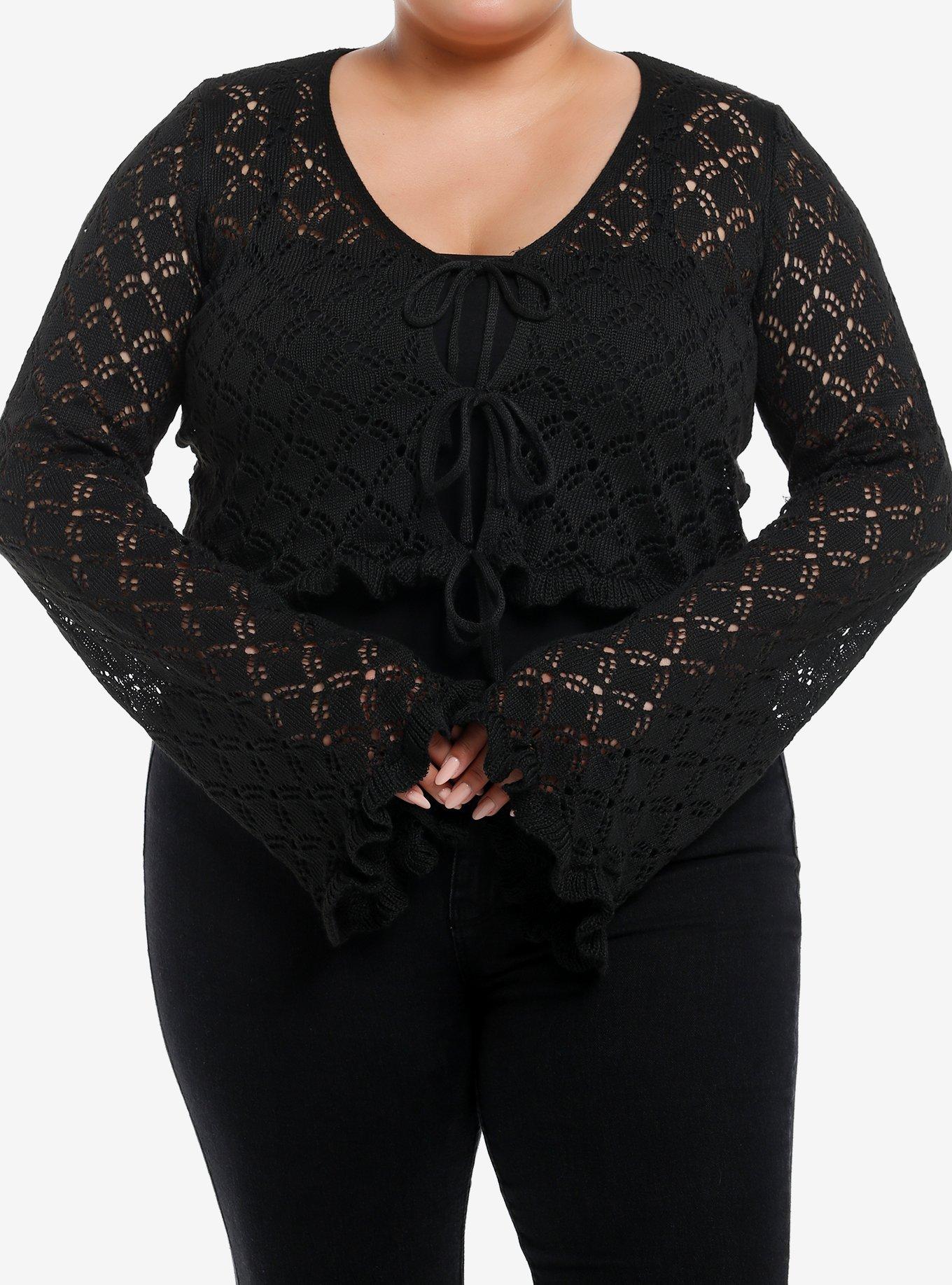 Cosmic Aura Black Knit Ruffle Girls Crop Cardigan Plus Size, BLACK, hi-res