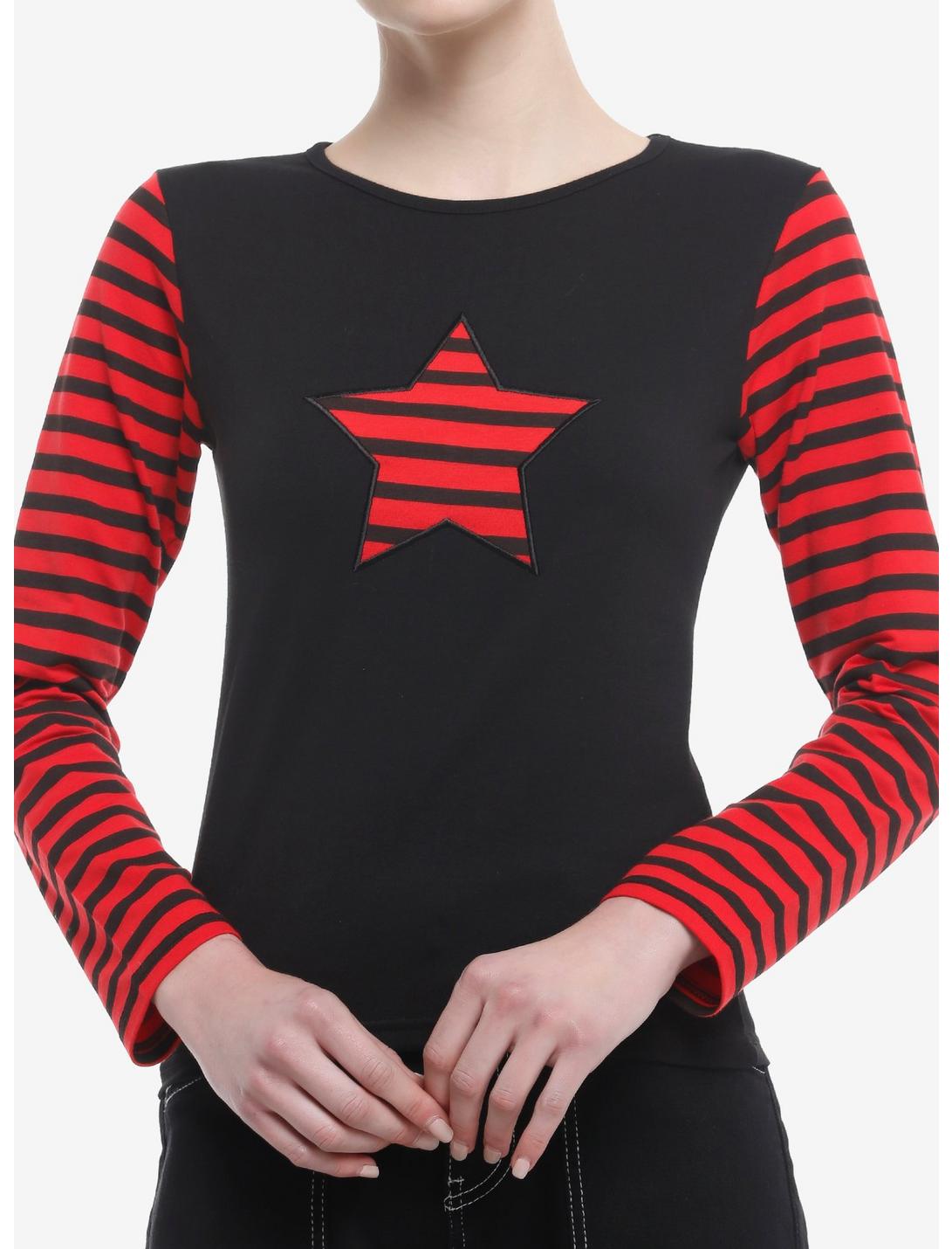 Social Collision® Black & Red Stripe Star Girls Long-Sleeve Crop Top, RED, hi-res