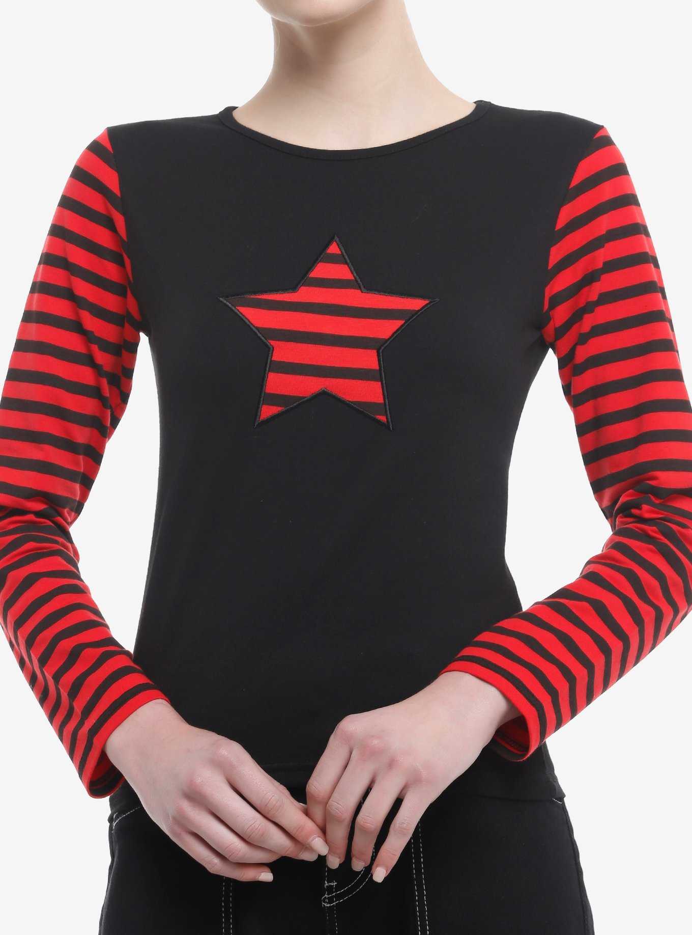 Social Collision® Black & Red Stripe Star Girls Long-Sleeve Crop Top, , hi-res