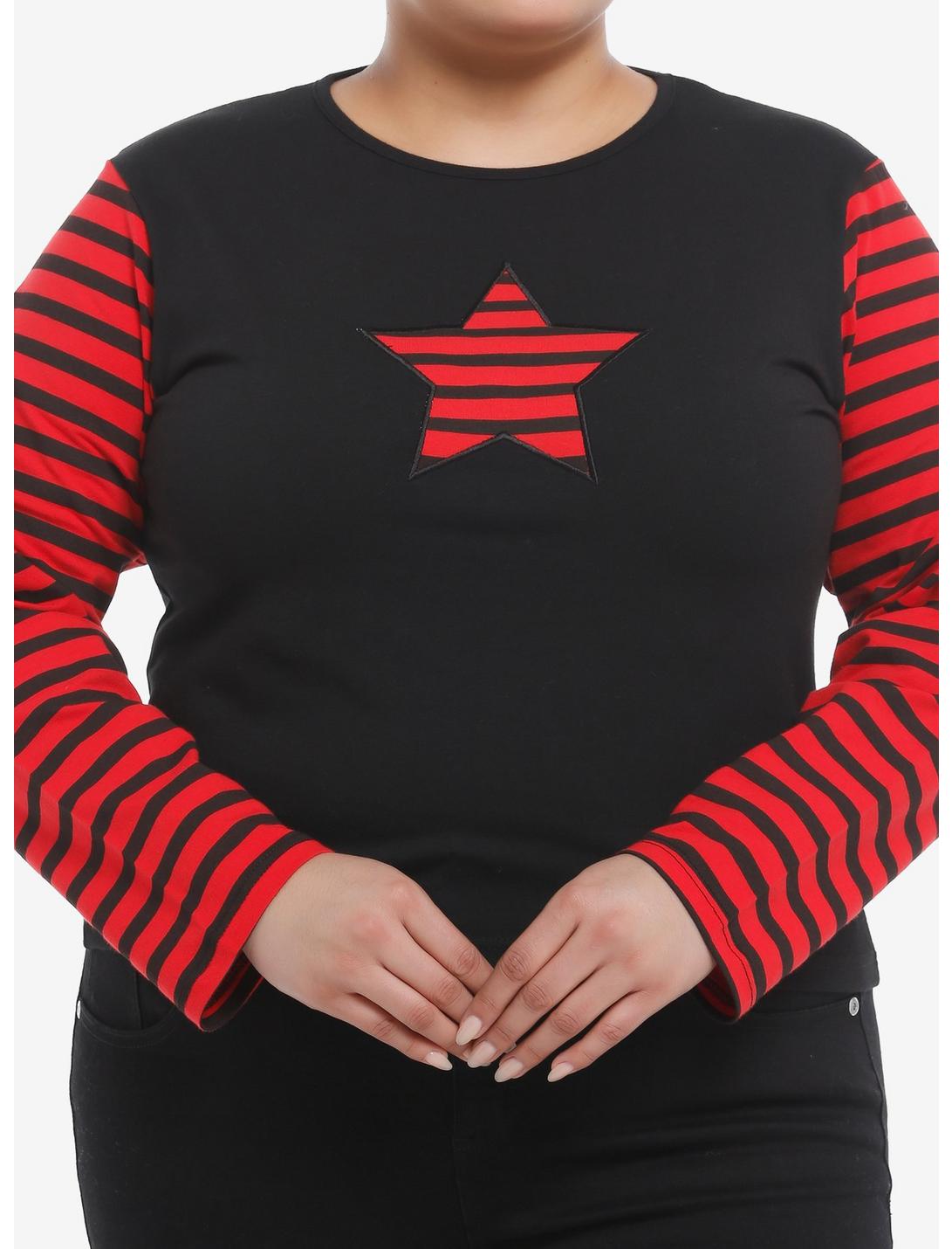 Social Collision® Black & Red Stripe Star Girls Long-Sleeve Crop Top Plus Size, RED, hi-res