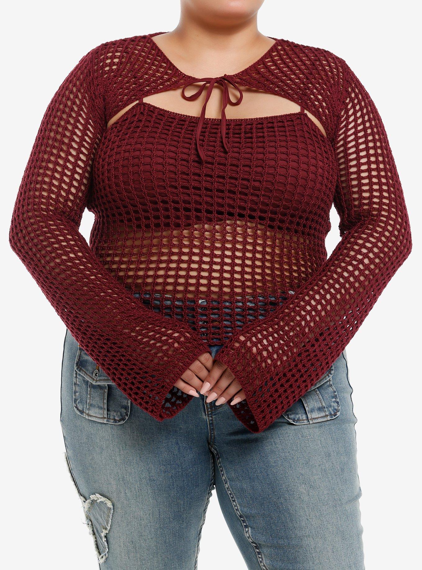 Daisy Street Burgundy Knit Girls Cami Bolero Set Plus Size, PURPLE, hi-res