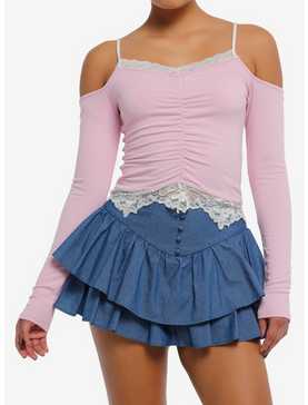 Sweet Society Pink Ruched Lace Girls Cold Shoulder Long-Sleeve Top, , hi-res