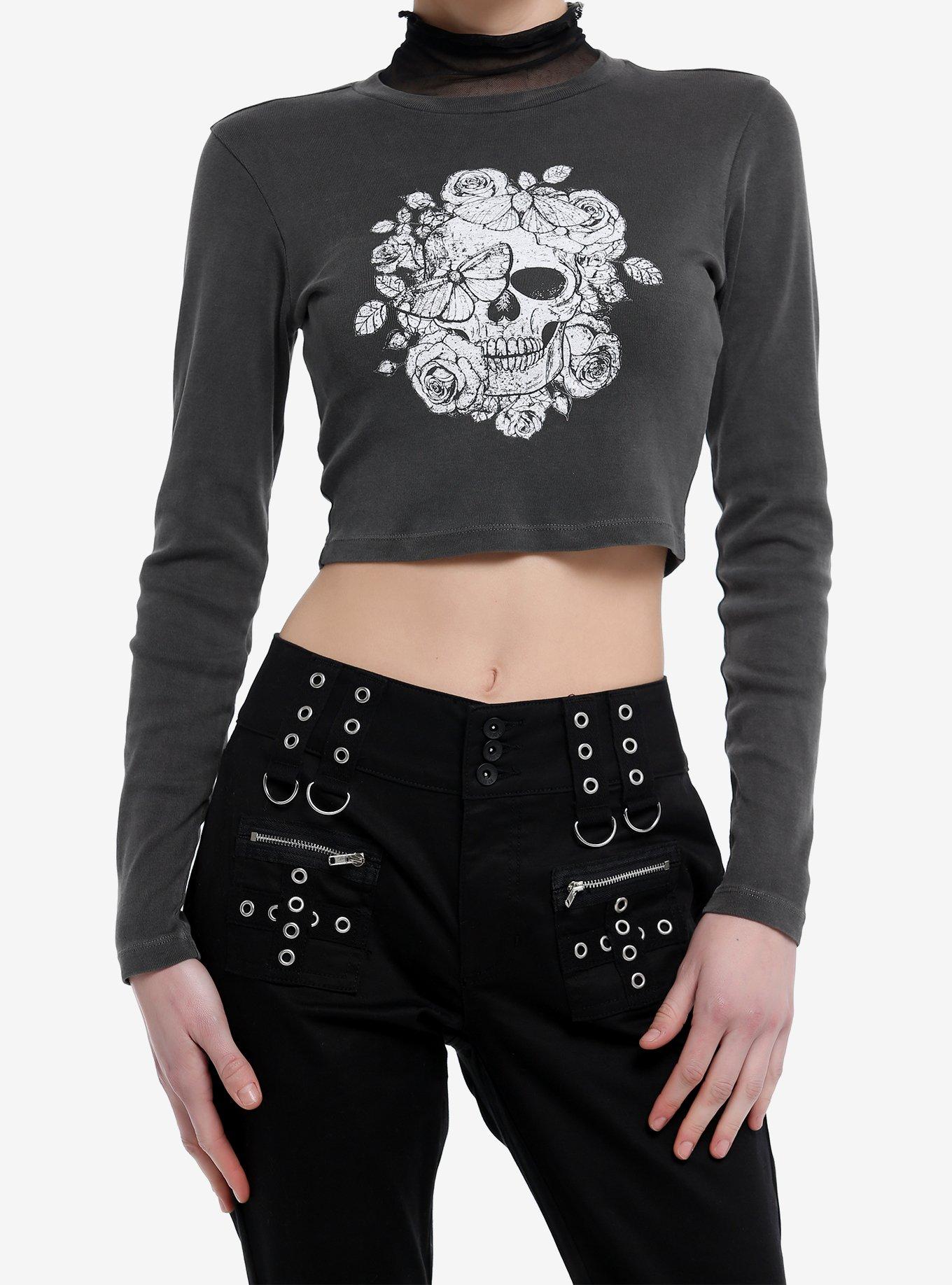 Social Collision Skull Rose Girls Crop Long-Sleeve Top, , hi-res