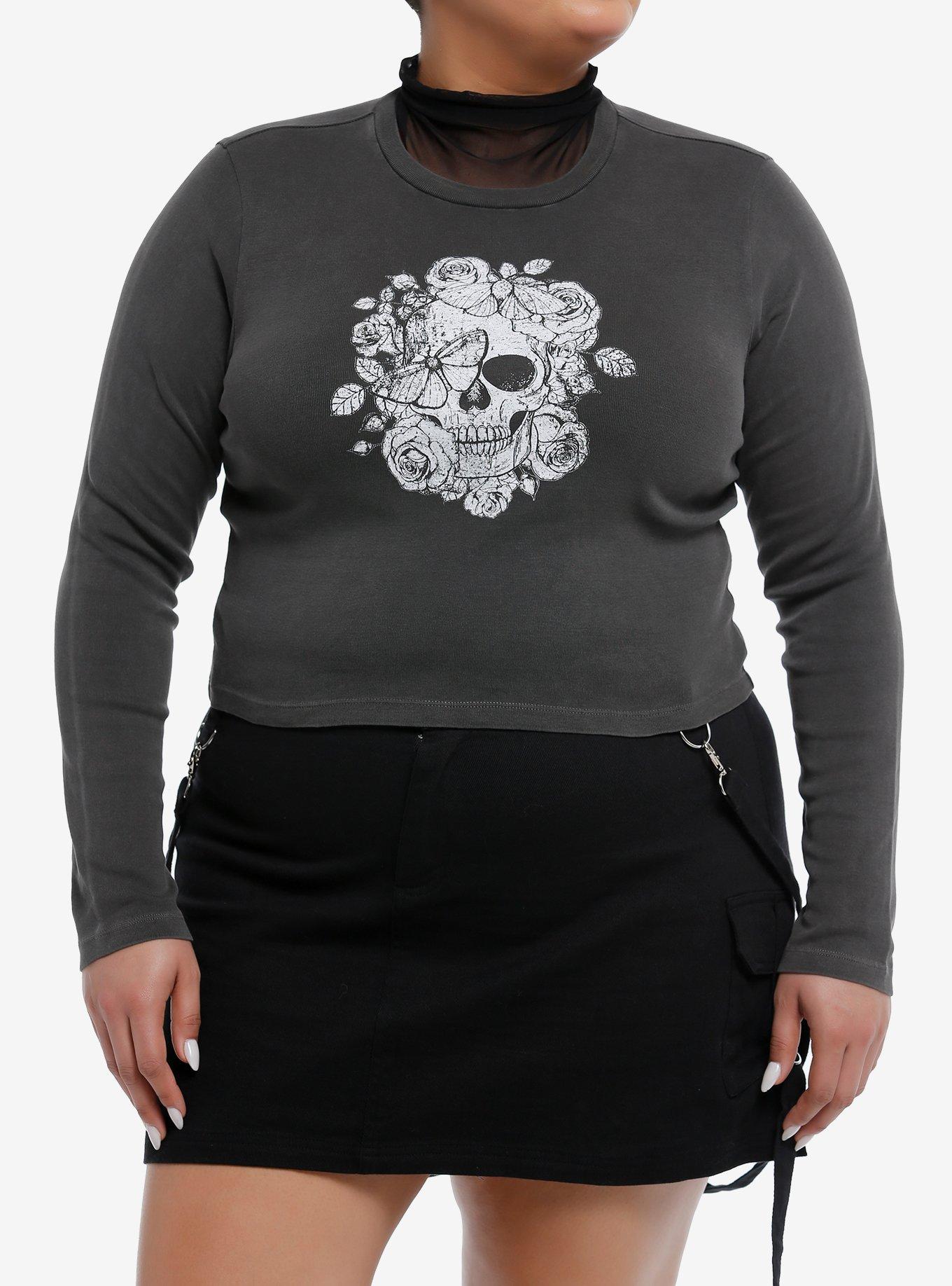 Social Collision Skull Rose Girls Crop Long-Sleeve Top Plus