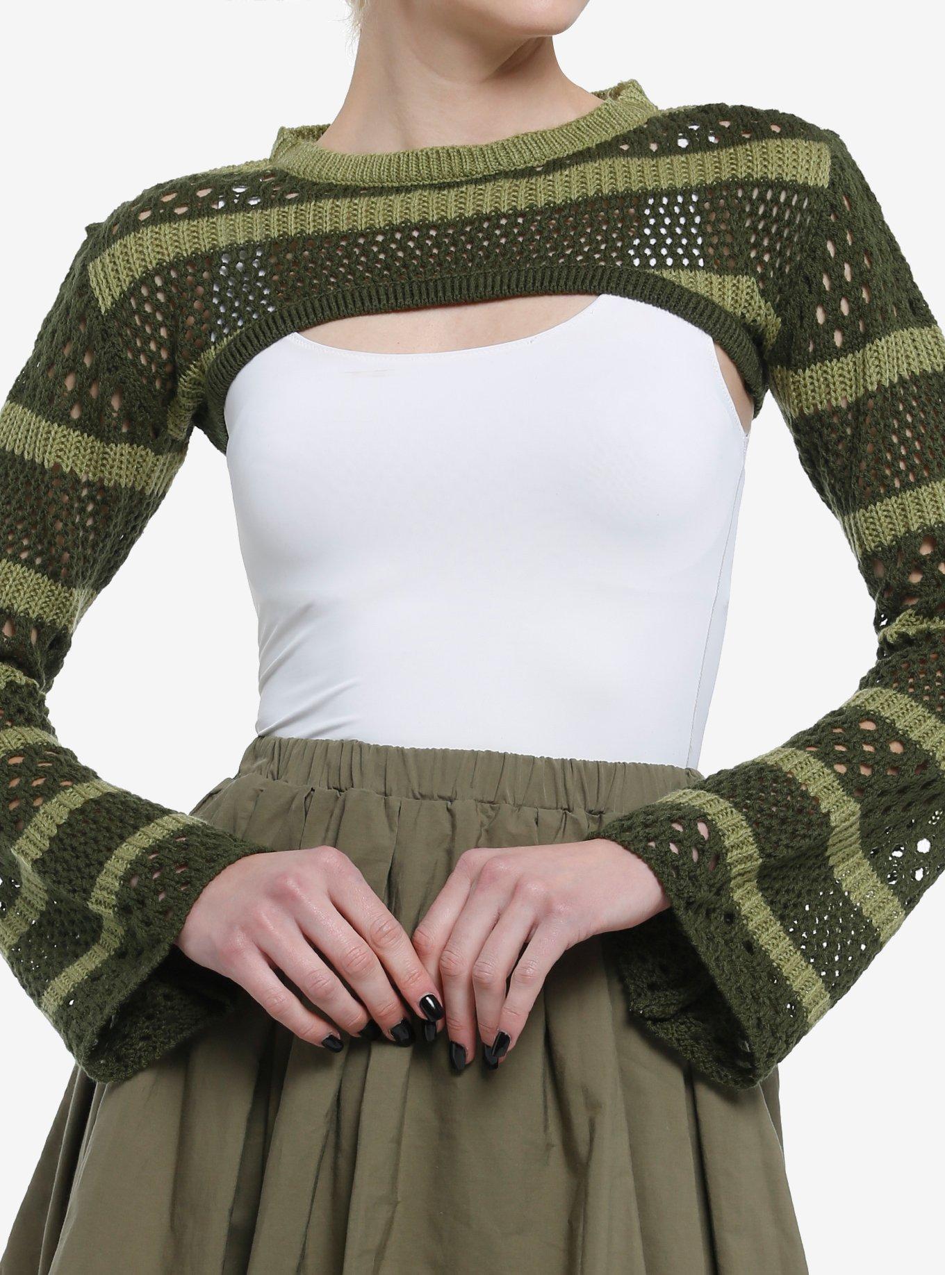 Thorn & Fable Green Stripe Bolero Girls Crop Shrug, OLIVE, hi-res