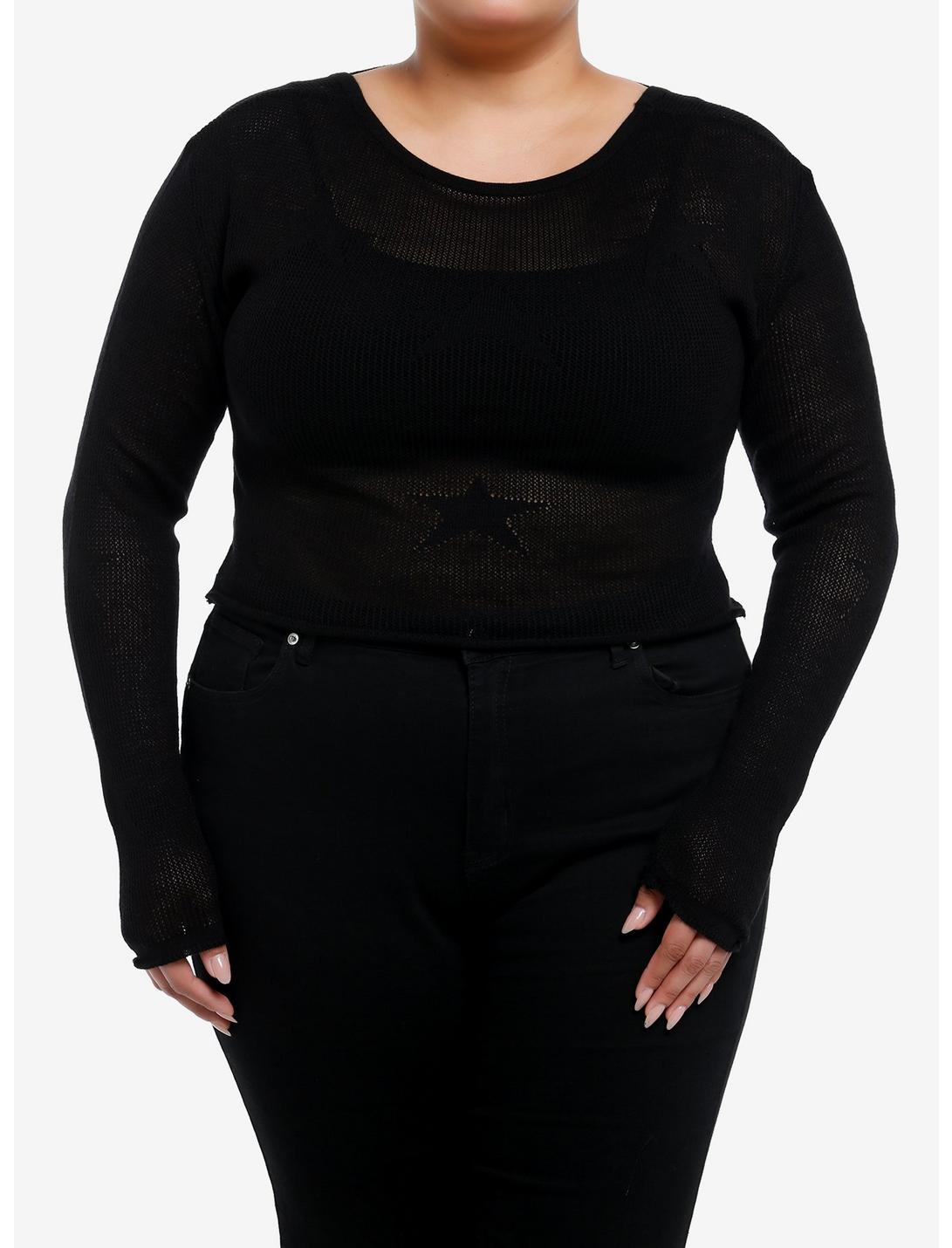 Black Star Open Knit Girls Crop Sweater Plus Size, BLACK, hi-res