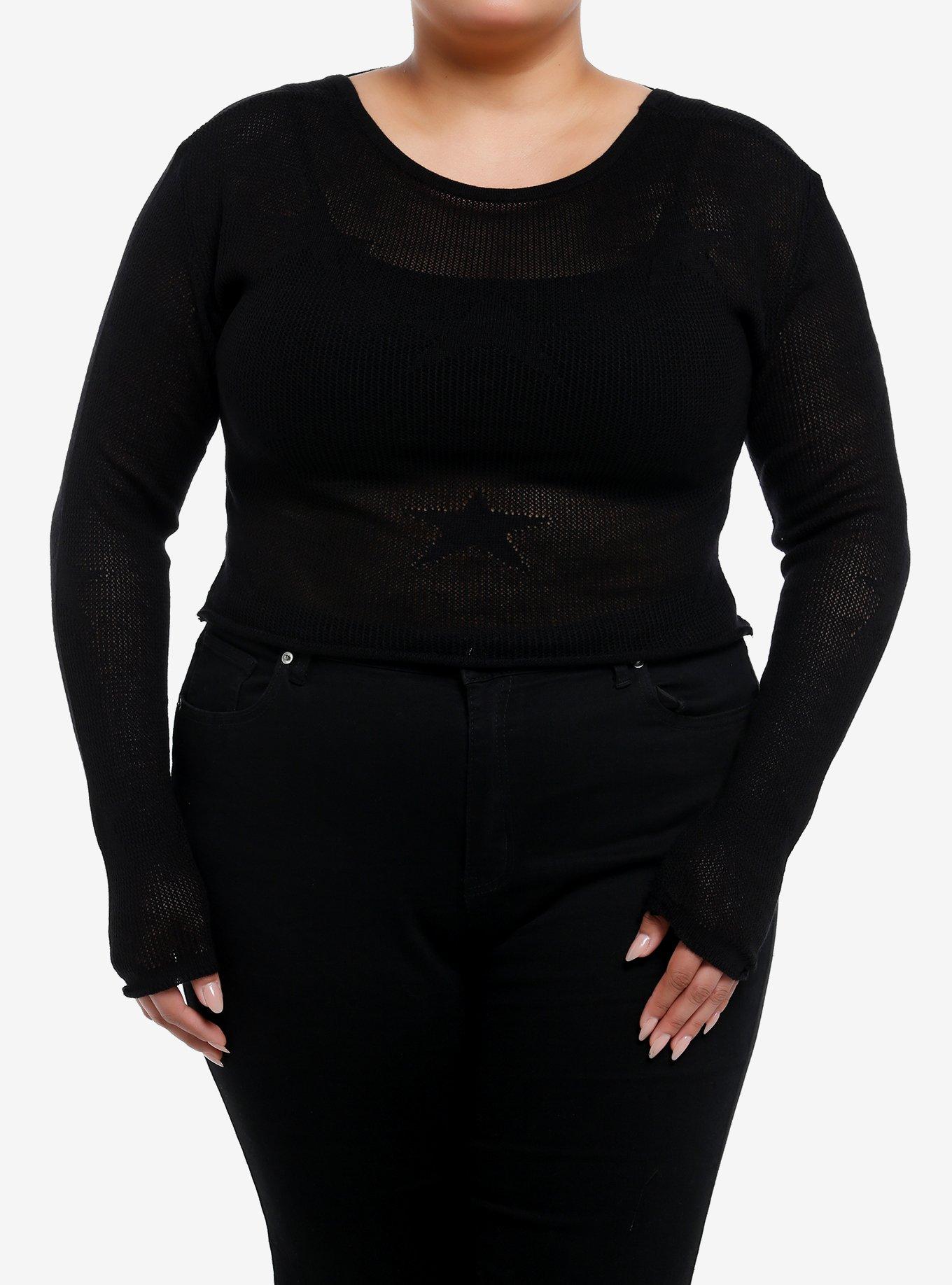 Black Star Open Knit Girls Crop Sweater Plus Size, , hi-res