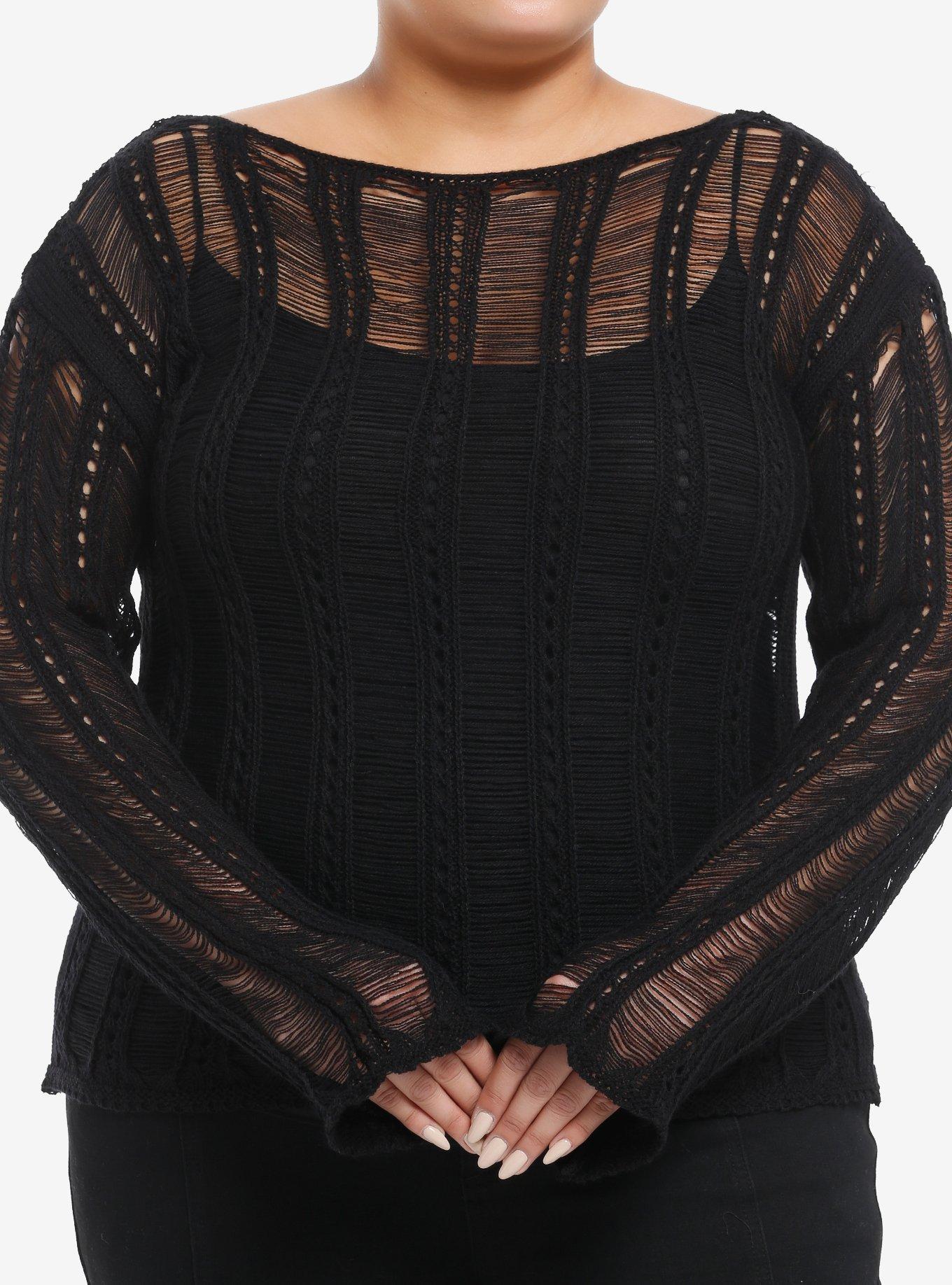 Thorn & Fable Black Destructed Girls Sweater Plus Size, , hi-res