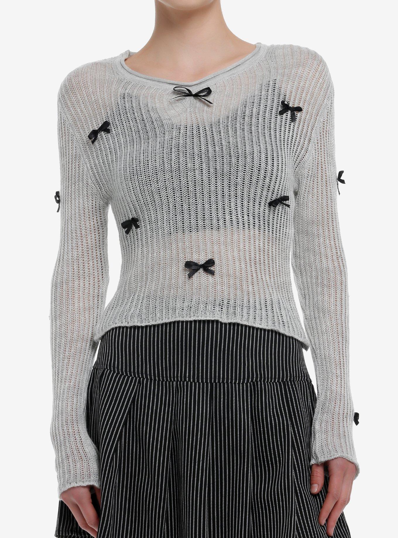 Grey Black Bow Girls Knit Sweater, , hi-res