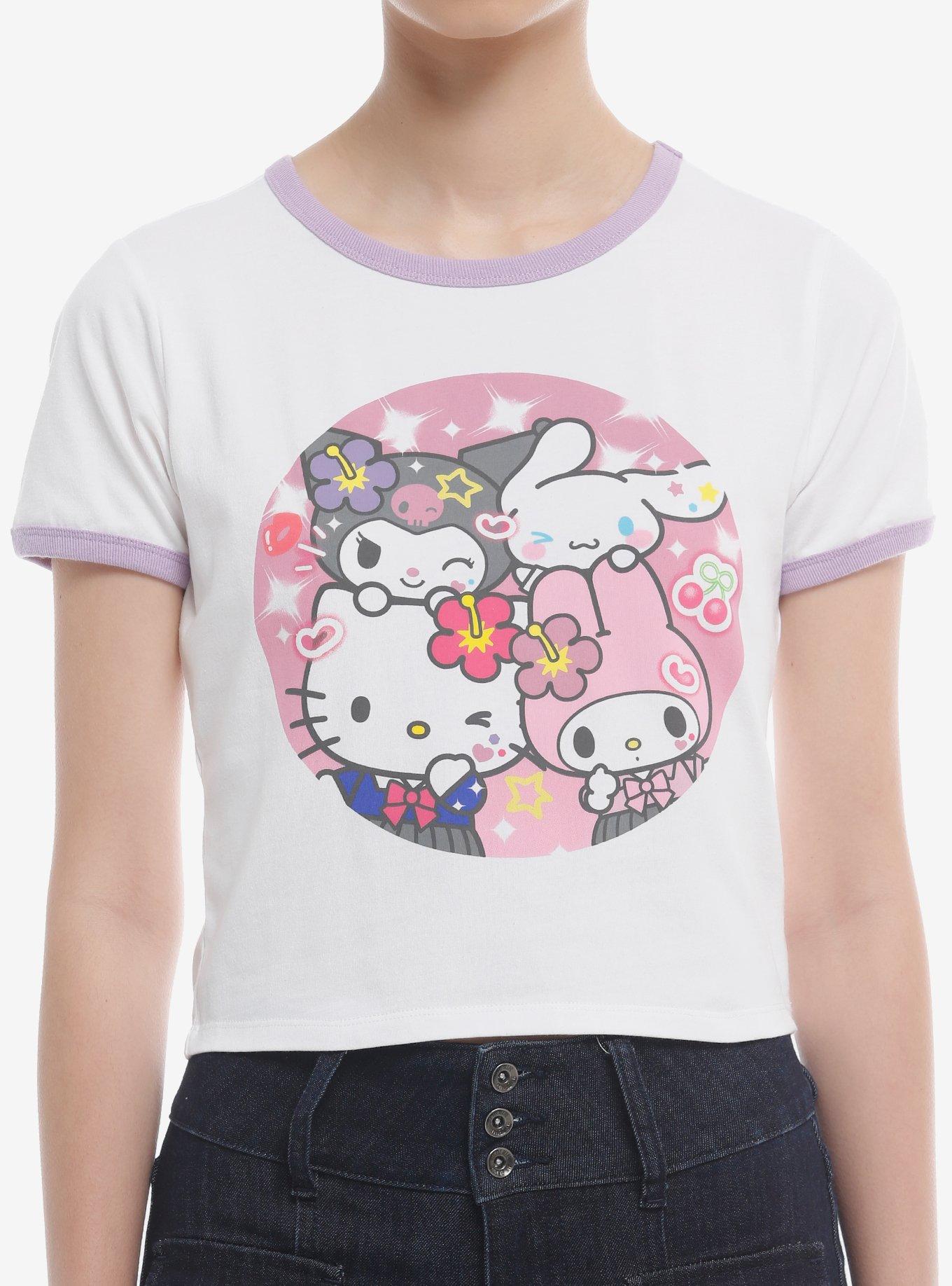HELLO KITTY × BG RINGER TEE」 Hello Kitty Pointelle Ringer Tee Womens Crew Neck Short