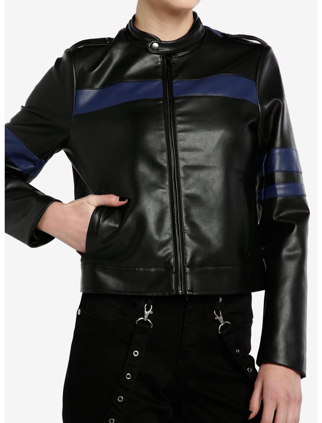 Social Collision Navy Blue Stripe Faux Leather Girls Moto Jacket, GREY, hi-res