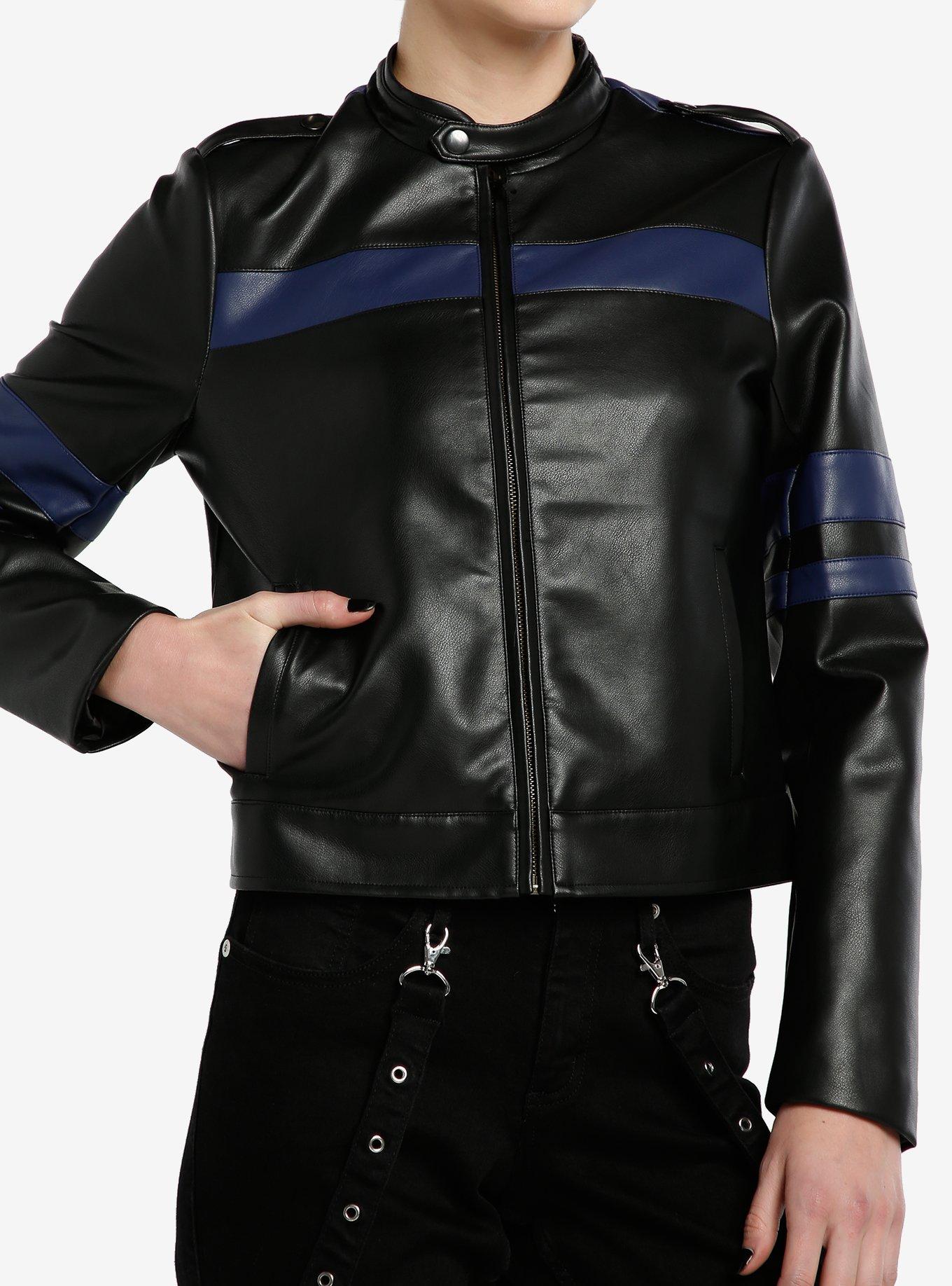 Social Collision Navy Blue Stripe Faux Leather Girls Moto