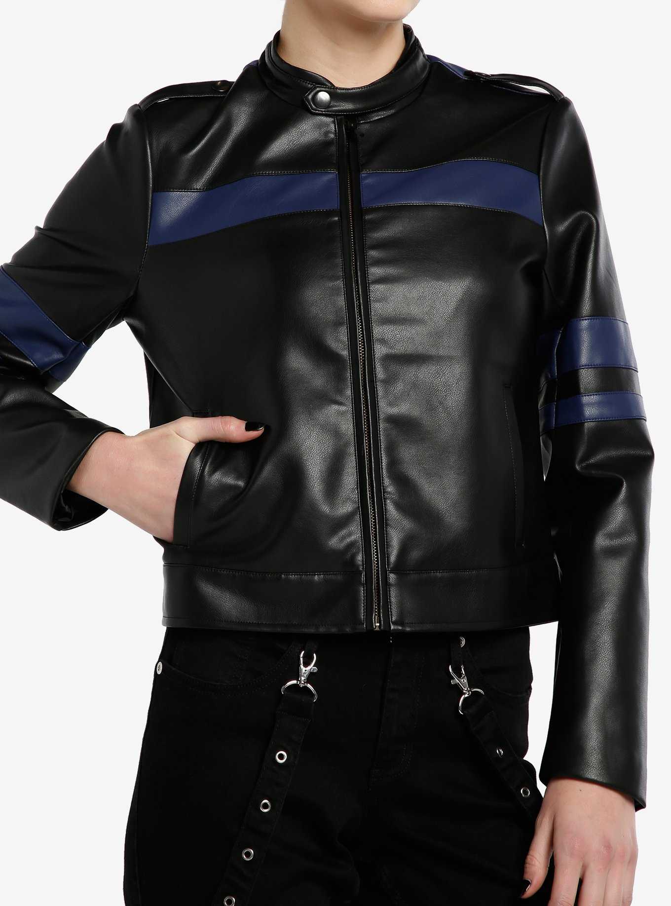 Social Collision Navy Blue Stripe Faux Leather Girls Moto Jacket, , hi-res