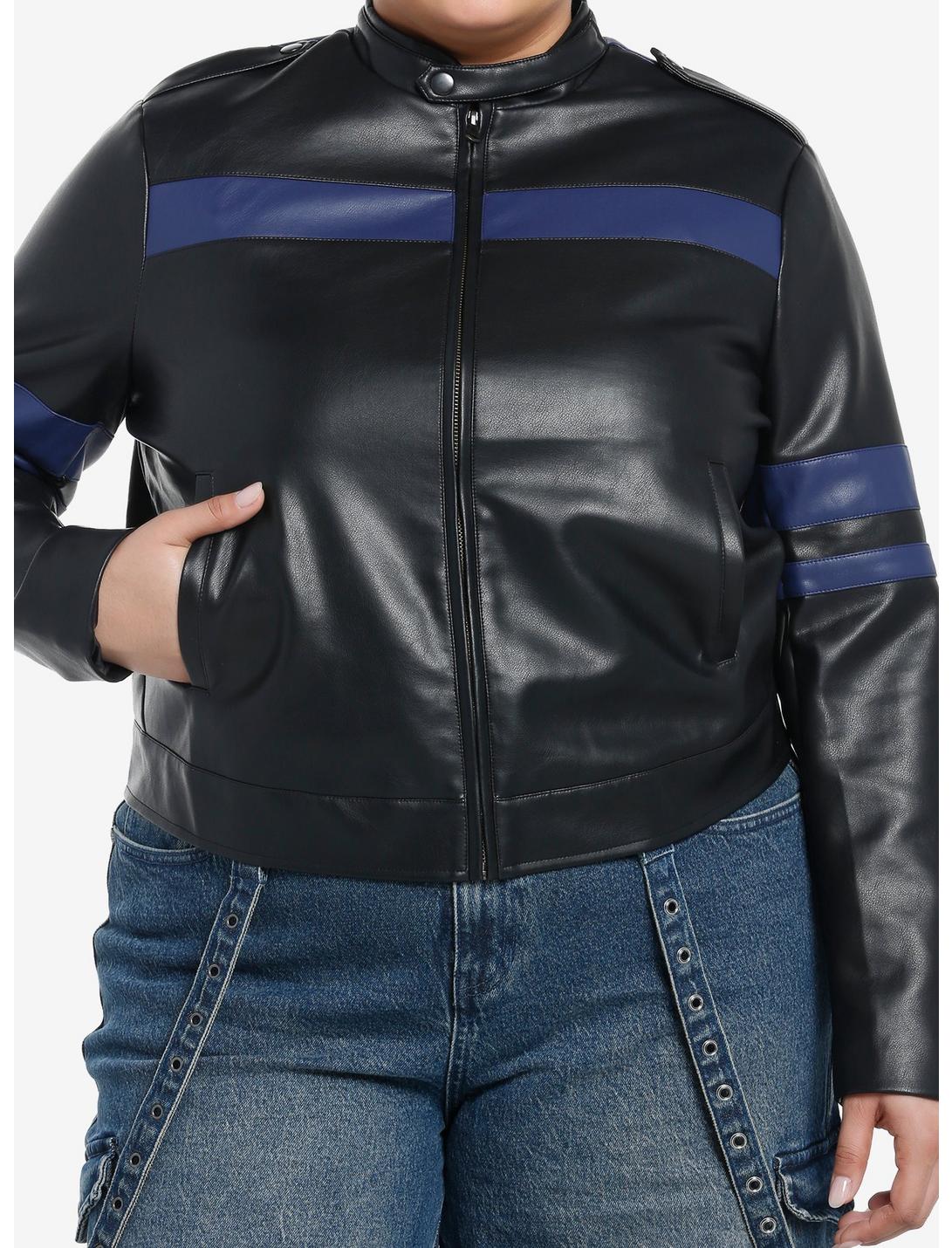 Social Collision Navy Blue Stripe Faux Leather Girls Moto Jacket Plus Size, GREY, hi-res