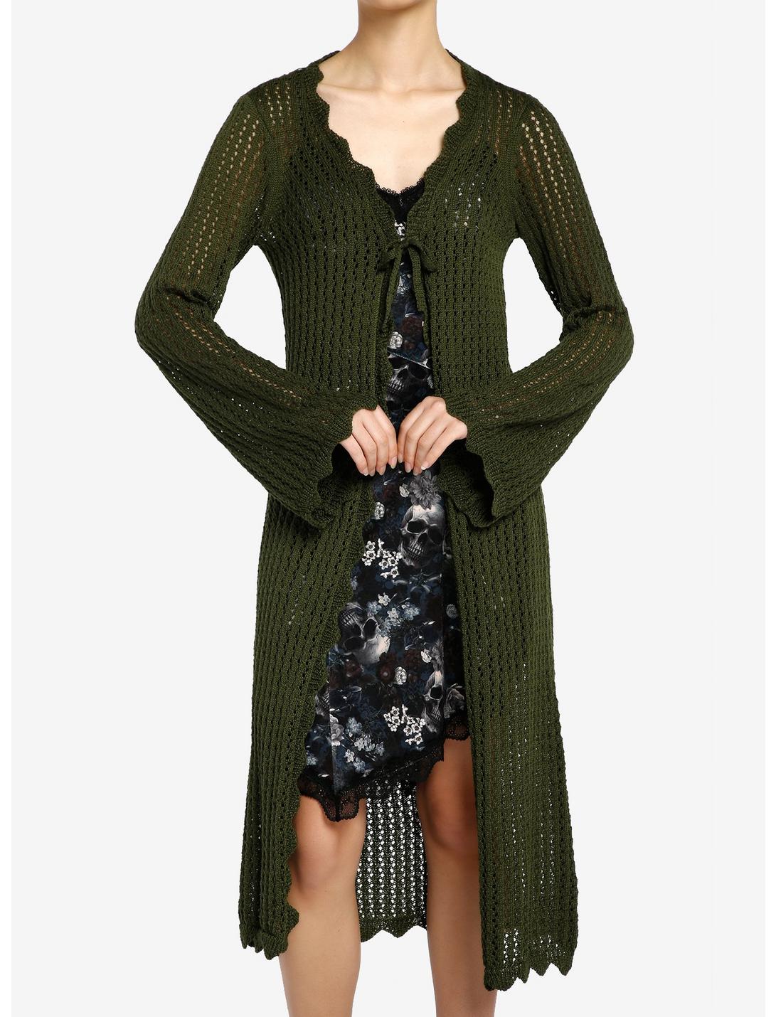 Thorn & Fable Green Tie-Front Girls Midi Knit Cardigan, GREEN, hi-res