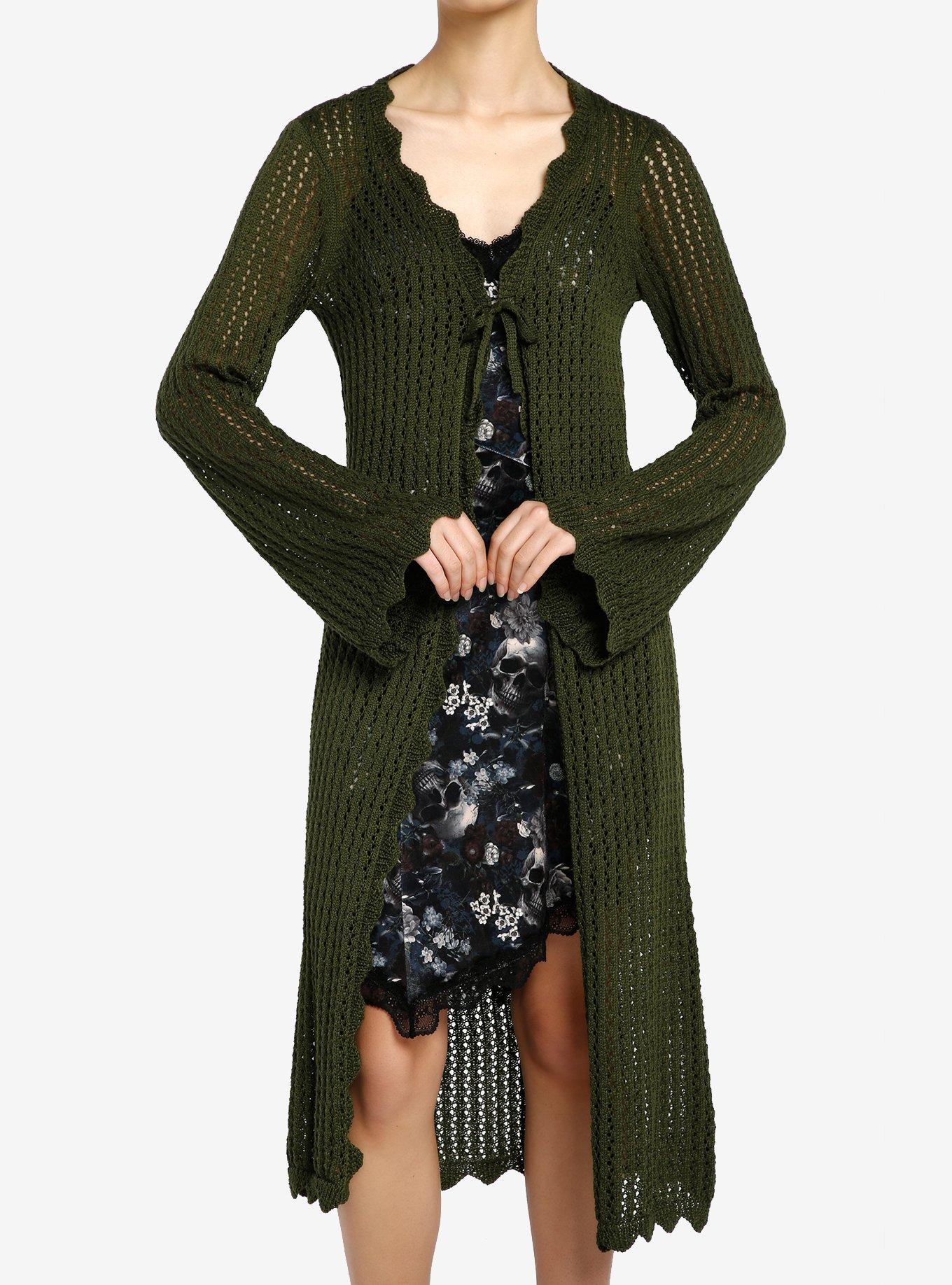 Thorn & Fable Green Tie-Front Girls Midi Knit Cardigan, GREEN, hi-res