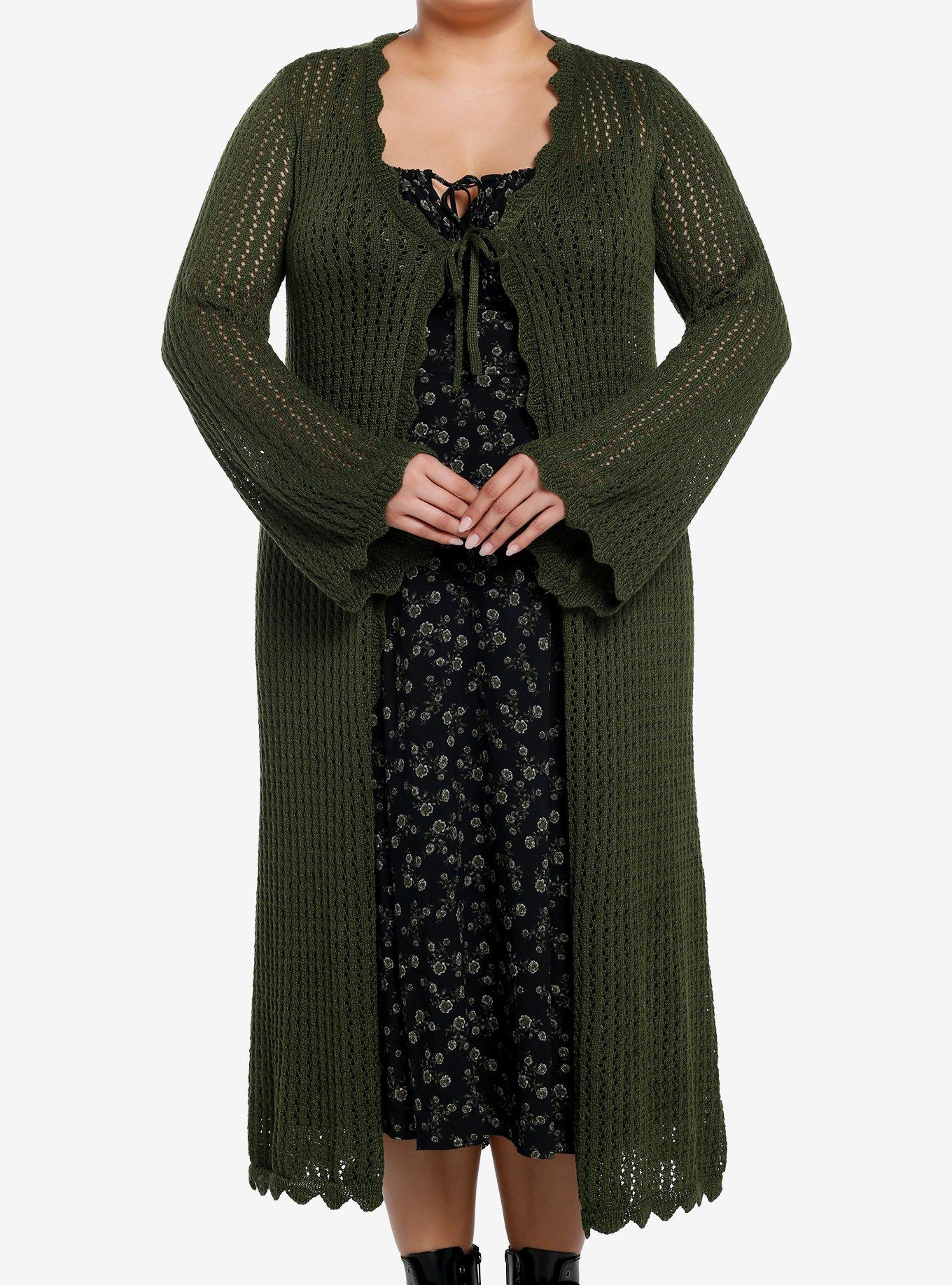 Thorn & Fable Green Tie-Front Girls Midi Knit Cardigan Plus Size, GREEN, hi-res